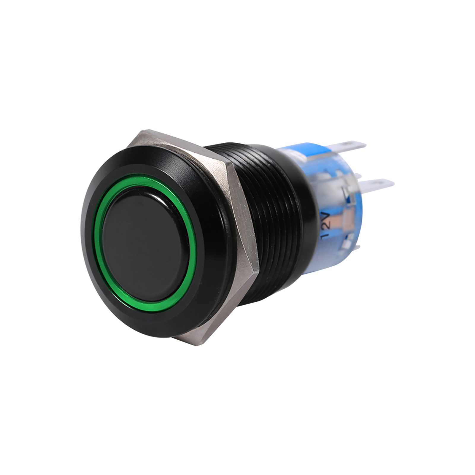Wasserdichter Flacher Drucktaster 19 Mm, Selbsthaltend Ein/aus 12-24 V, Schwarz Mit Grüner Led, Verriegelbar, Für Armaturenbrett.