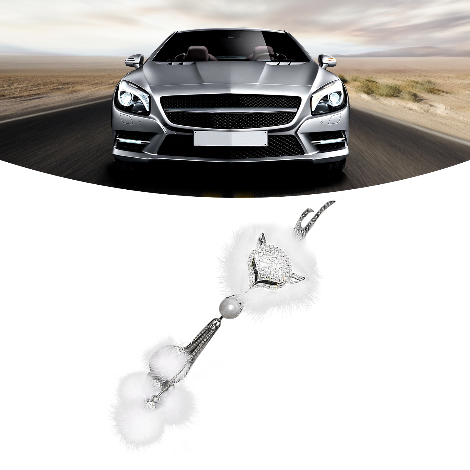 Glücksauto-pompon, Strass-metall, Robust, Niedlicher Rückspiegel Aus Kunstfell Mit Tiermotiv, Fuchs-ball, Fell