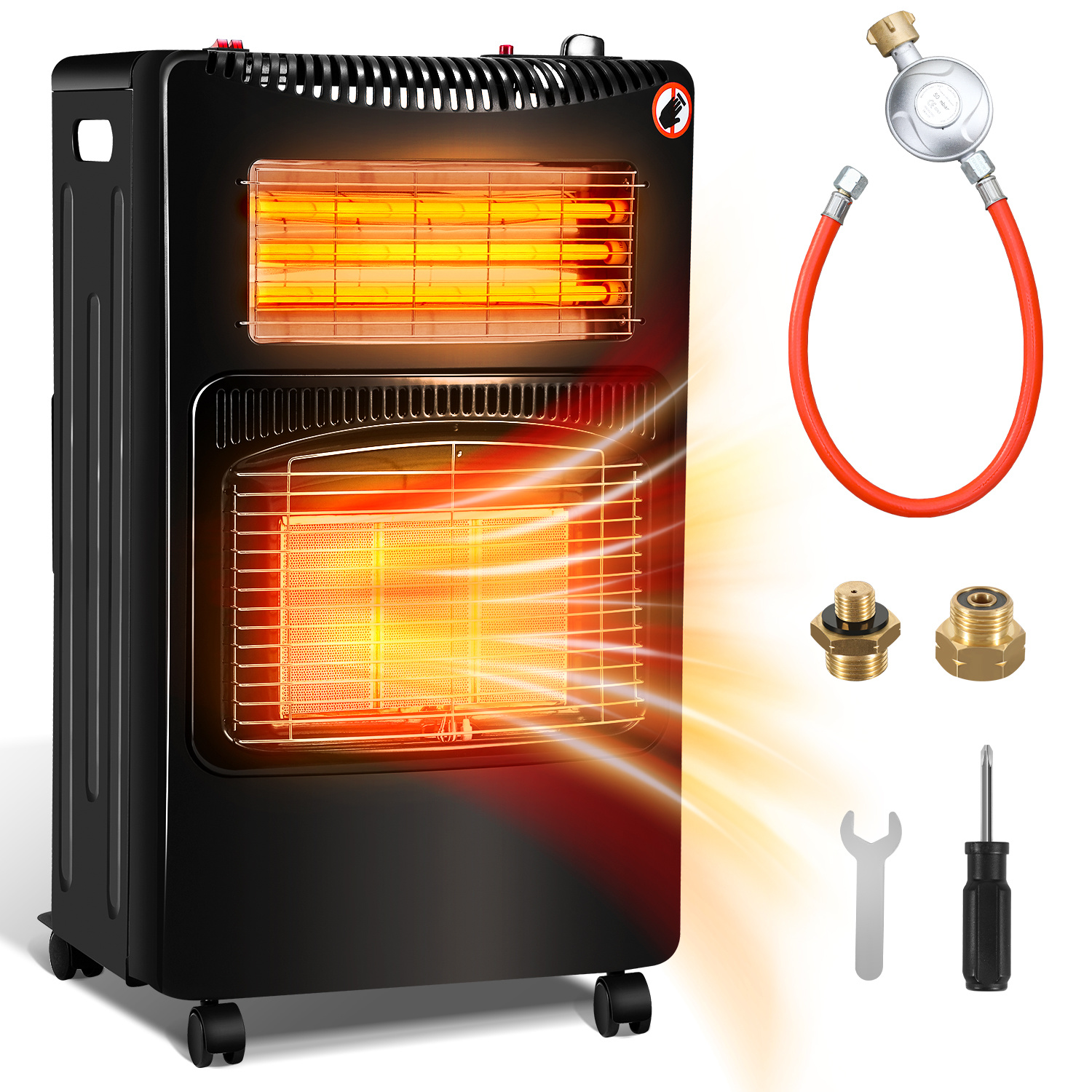 Jiubiaz 2-in-1 Gas- & Elektroheizung 4200w/1200w, Keramik & Quarz, 3 Gasstufen, Ods, 4 Rollen, Inkl. 2 Eu-adaptern