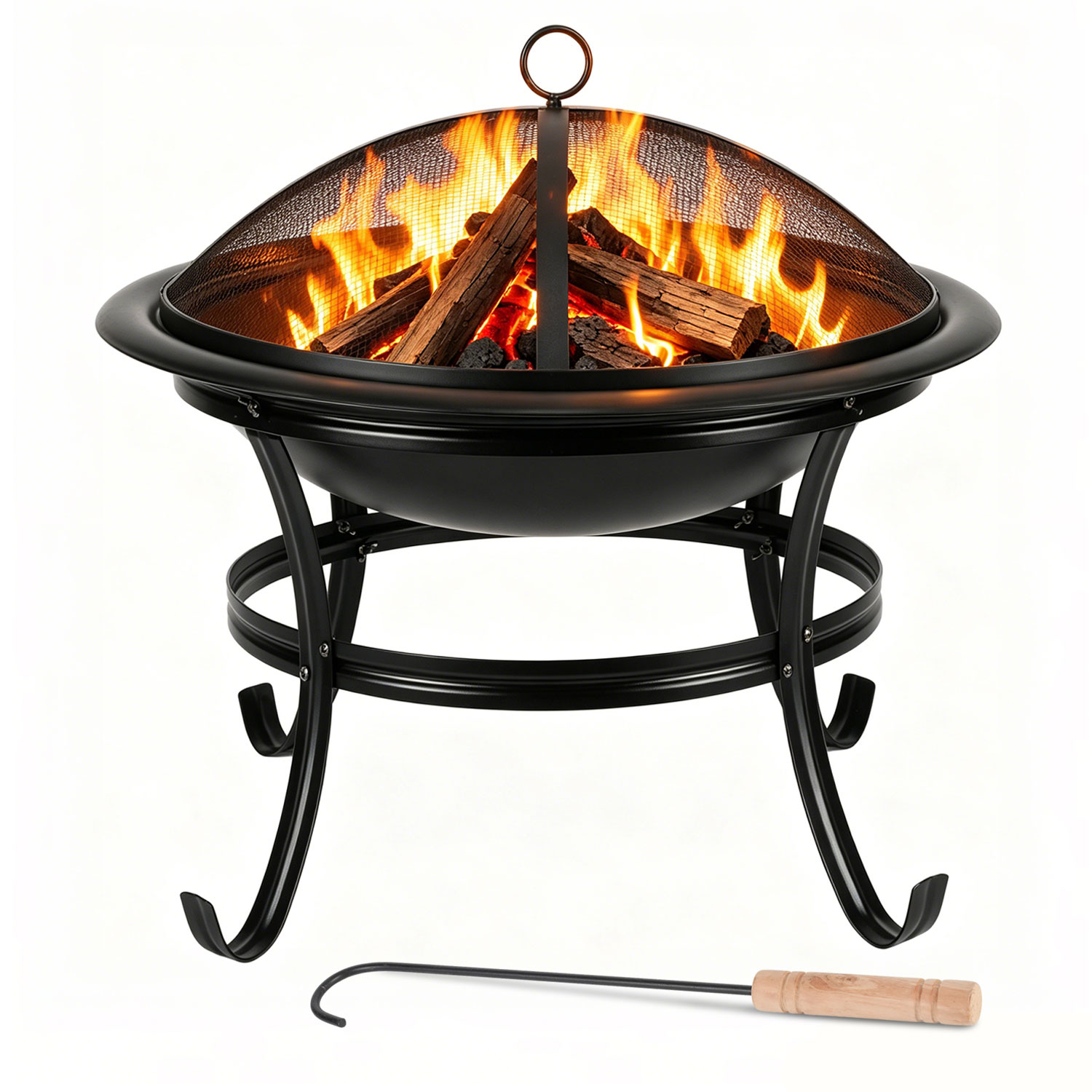 Jiubiaz Feuerschale Ø 55 Cm Mit Funkenschutz, Grillrost Und Schürhaken, Outdoor Feuerstelle Aus Eisen Für Garten Und Terrasse, Schwarz