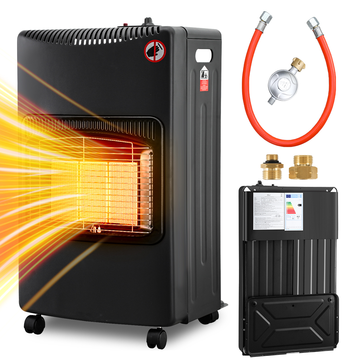 Jiubiaz Gasofen Keramik 4200 Watt Mit 3 Stufen, Sauerstoffmangelsicherung, Gasschlauch & Regler, 4 Rollen, Inkl. 2 Eu-adaptern