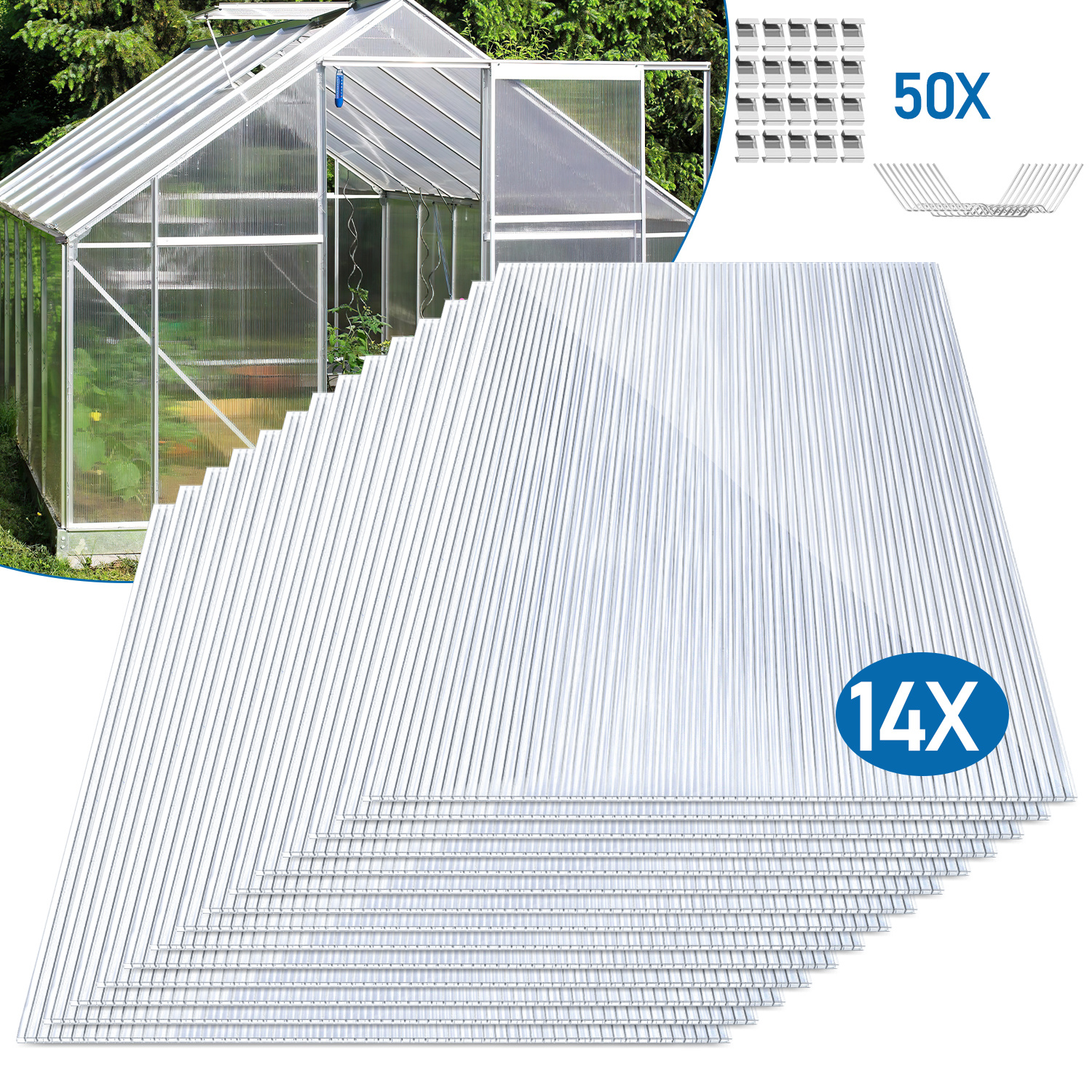Jiubiaz 14x Polycarbonat Hohlkammerplatten 4mm Mit 100 Edelstahl Gewächshausklammern Transparent Hohlkammerstegplatten Uv-beständigen Für Gewächshaus Carports