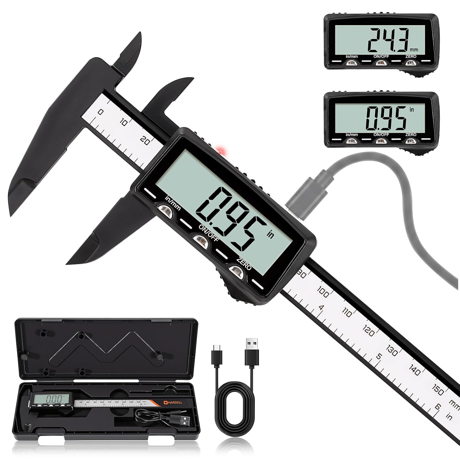 Wiederaufladbarer Digitaler Messschieber (150 Mm), Gut Lesbares Lcd-display (ohne Hintergrundbeleuchtung), 0,01 Mm Genauigkeit, Usb-c-anschluss, Innen-/außen-/tiefenmessung, Diy-messwerkzeug