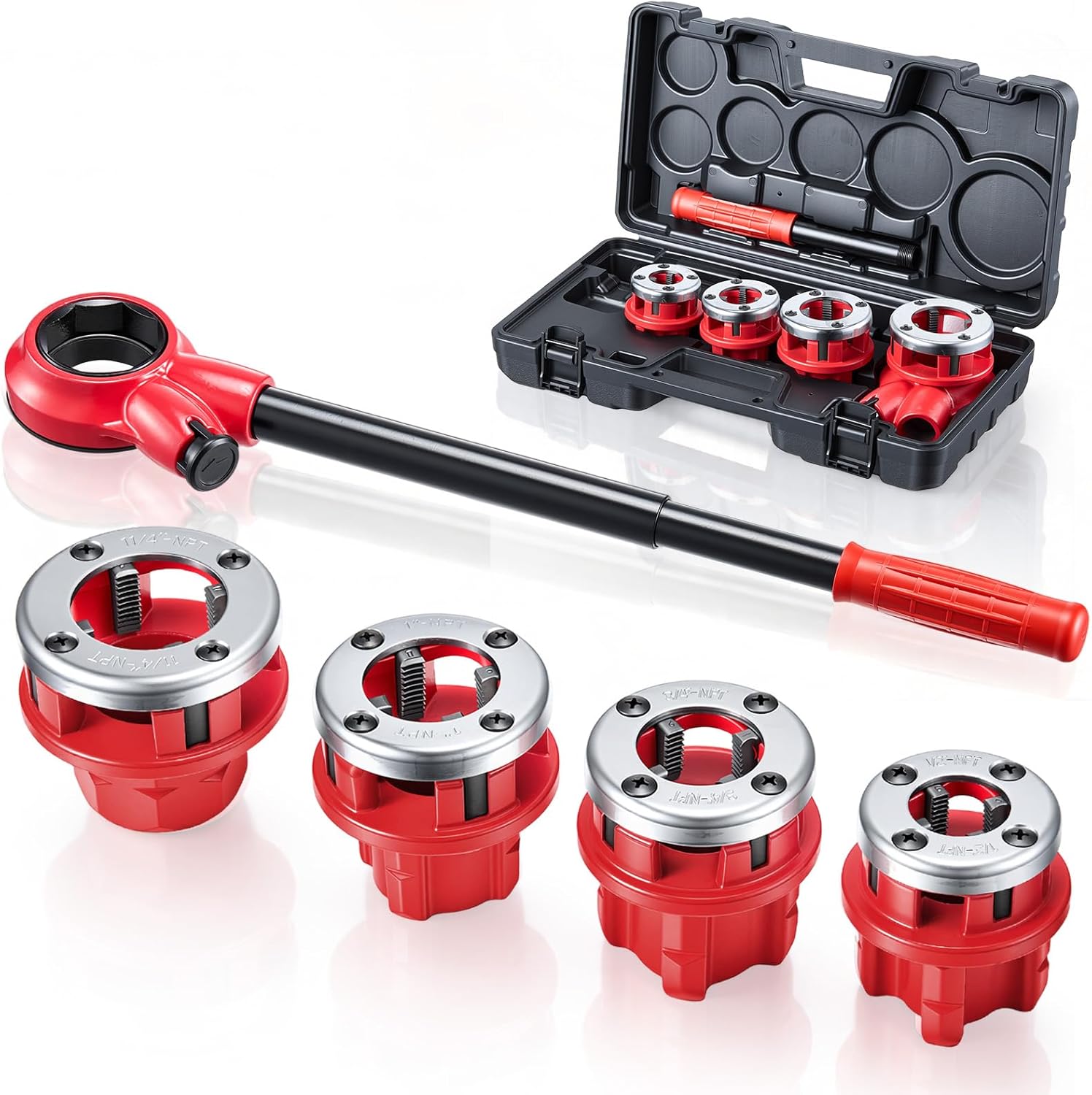 Rohrschneidset Für Klempner, 4 Schneideisen 1/2", 3/4", 1", 1-1/4" Npt, Manuelles Ratschen-rohrschneidset Für Die Installation Und Reparatur Von Sanitärrohren, Mit Tragetasche