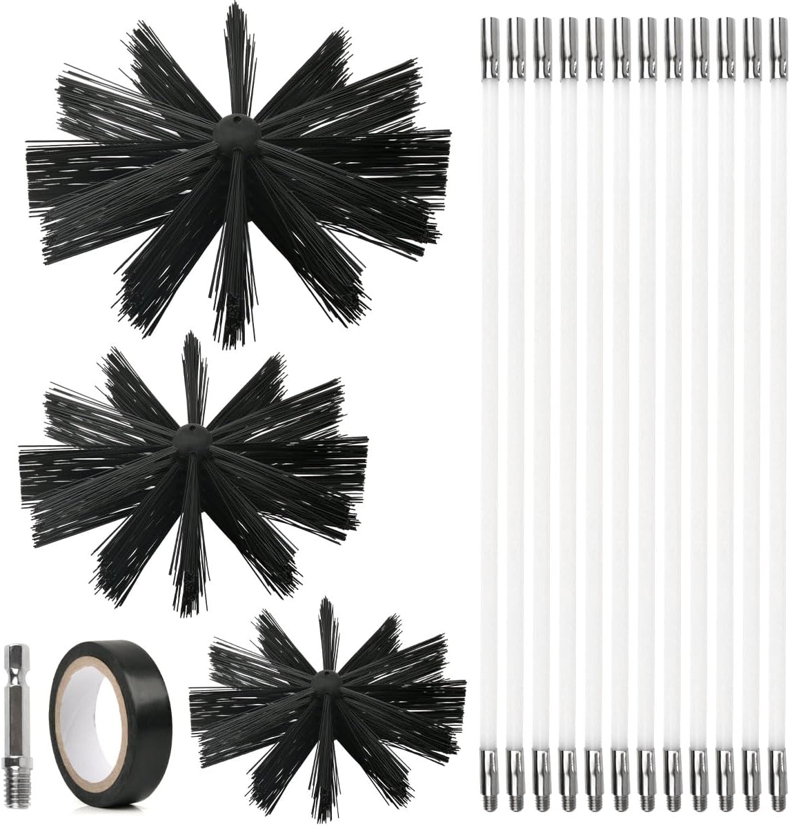 Set Mit 17 Kaminbürsten, 3 Nylonbürsten (100 Mm/150 Mm/200 Mm) Mit 12 Flexiblen 410 Mm Stangen, Kaminbürste, Kaminreinigungsset Für Kamine, Rohre Und Trockner