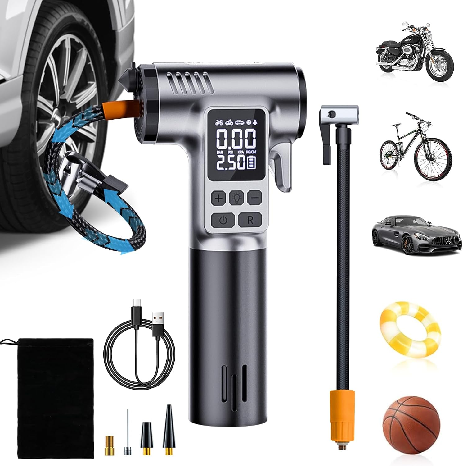 Autoreifenfüller, Tragbarer, Kabelloser 150-psi-luftkompressor, Mini-akku-kompressor Mit Led-licht Und Sicherheitshammer, 5-stufige Elektrische Pumpe Für Auto, Motorrad Und Fahrrad