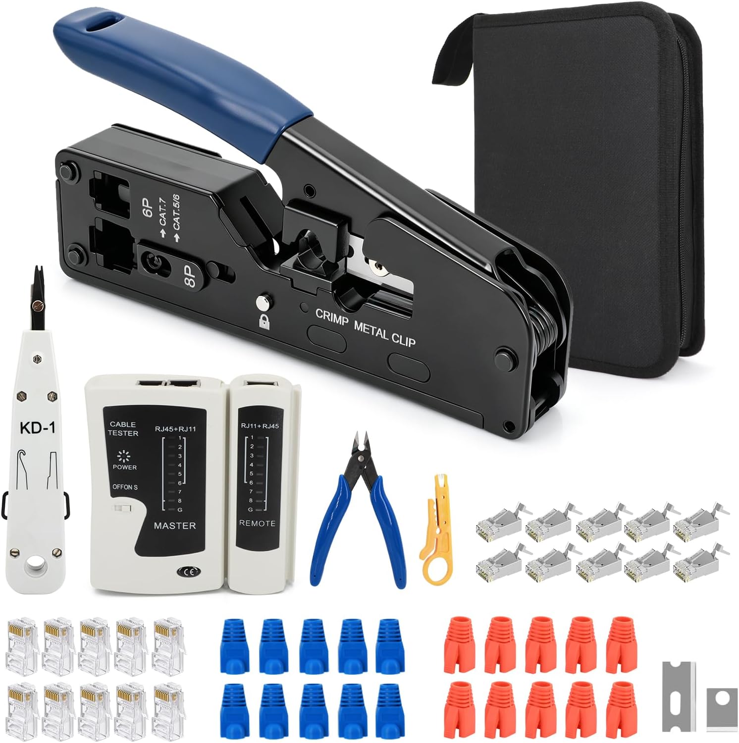 Professionelles Rj45-crimpwerkzeug-set, Cat7/cat6a-durchgangsverbinder Professionelles Crimpwerkzeug Mit Tester, Abisolierzange Und Verbindern. Robust Und Langlebig Für Den Einsatz Zu Hause Und Im Bü