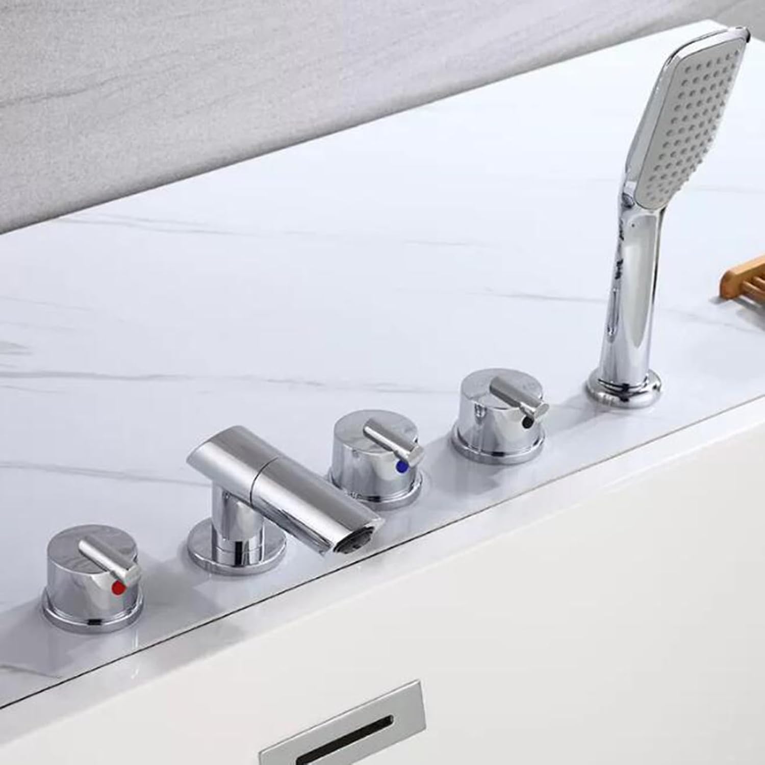 Badewannenarmatur Mit 5 Löchern Und Handbrause, Messing, Warm- Und Kaltwasser, Doppelgriff – Chrom