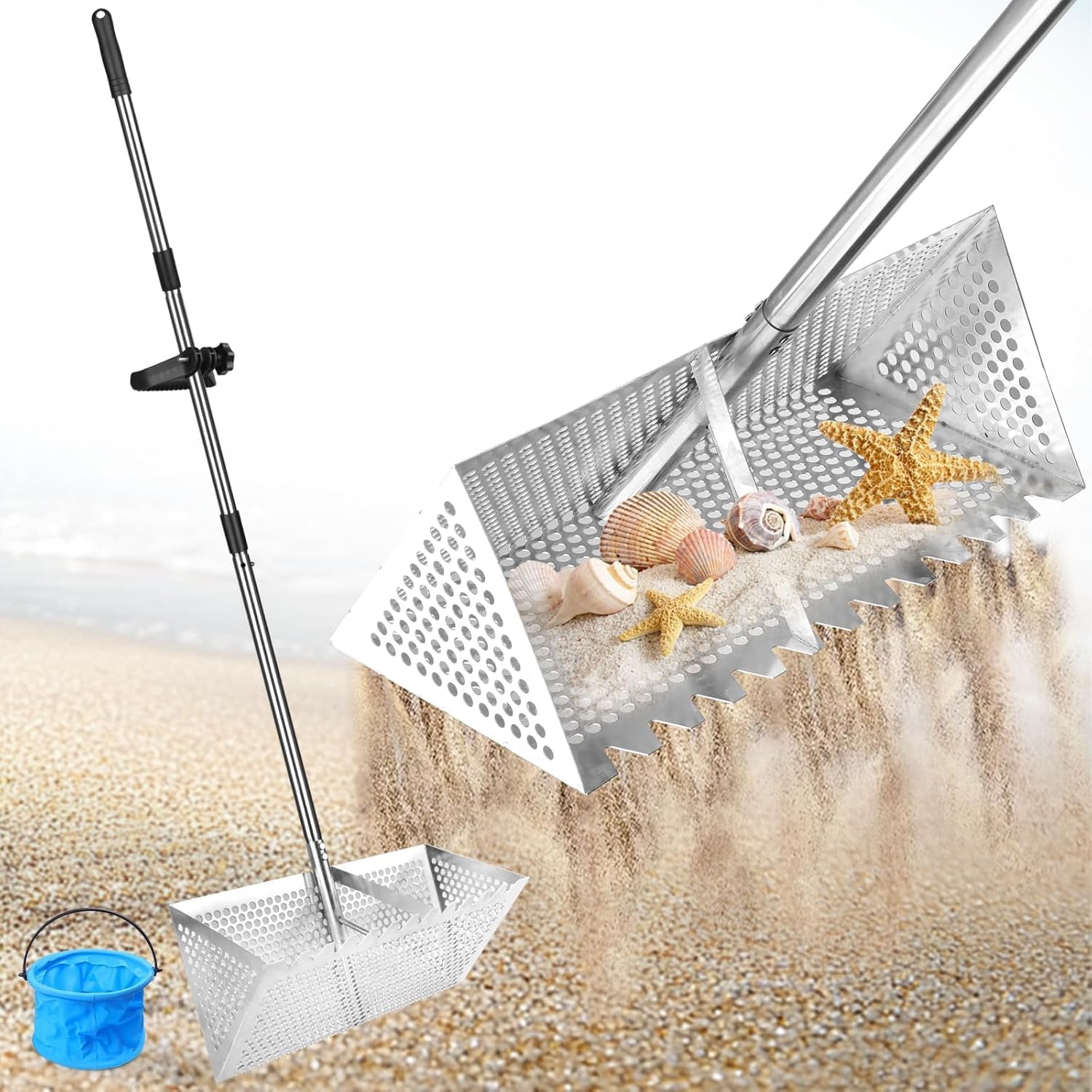 Sandrechen Aus Edelstahl – Strandsandsieb Mit Großem 20×40 Cm Haifischzahnkorb, Abnehmbarem Siebeinsatz Und Langem Griff Für Den Strand