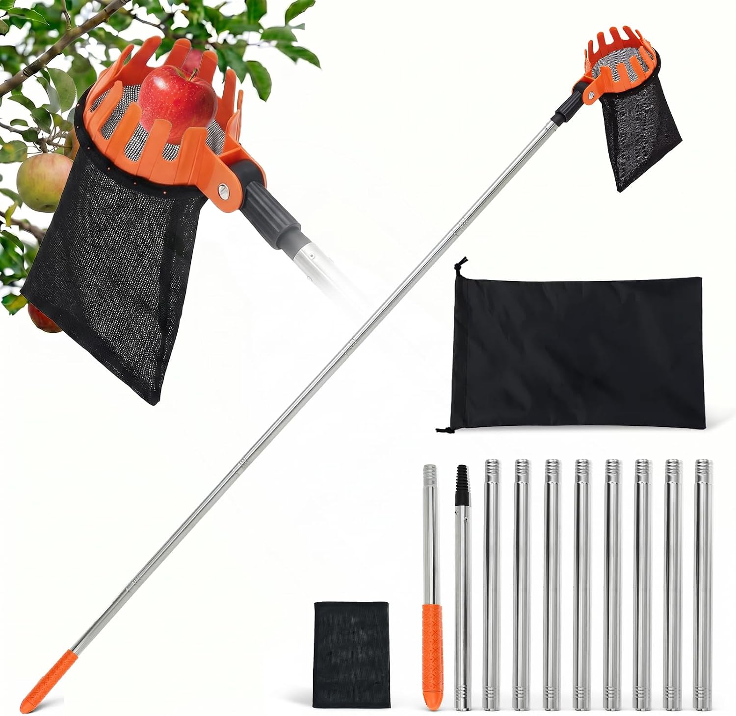 M Teleskop-obstpflücker, Kirschpflücker Mit Aufbewahrungstasche, 180° Verstellbarer Apfelpflücker Mit Greifzange, Edelstahl, Kirschpflücker Für Trauben, Birnen Und Pfirsiche, 16 Cm Durchmesser Großer