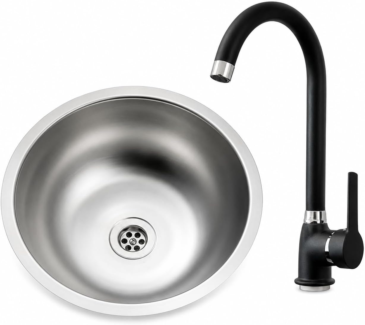 Rundes Küchenspülbecken (34 Cm) Mit Schwarzer Chromarmatur, Edelstahl, Kompaktes Waschbecken, Ideal Für Wohnwagen, Wohnmobile, Boote Und Kleine Küchen