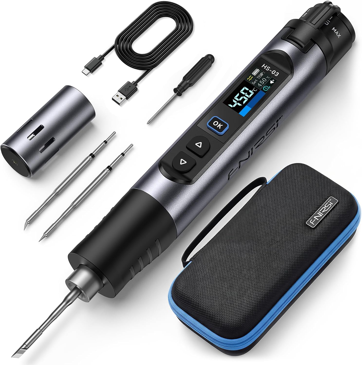 Hs-03 Akku-lötset, Tragbarer Lötkolben Mit 2600-mah-akku, 100–450 °c, Schnelles Aufheizen In 3 Sekunden, 5 Temperaturstufen, 0,96"-ips-display, Für Elektronik, Diy Und Leiterplatten