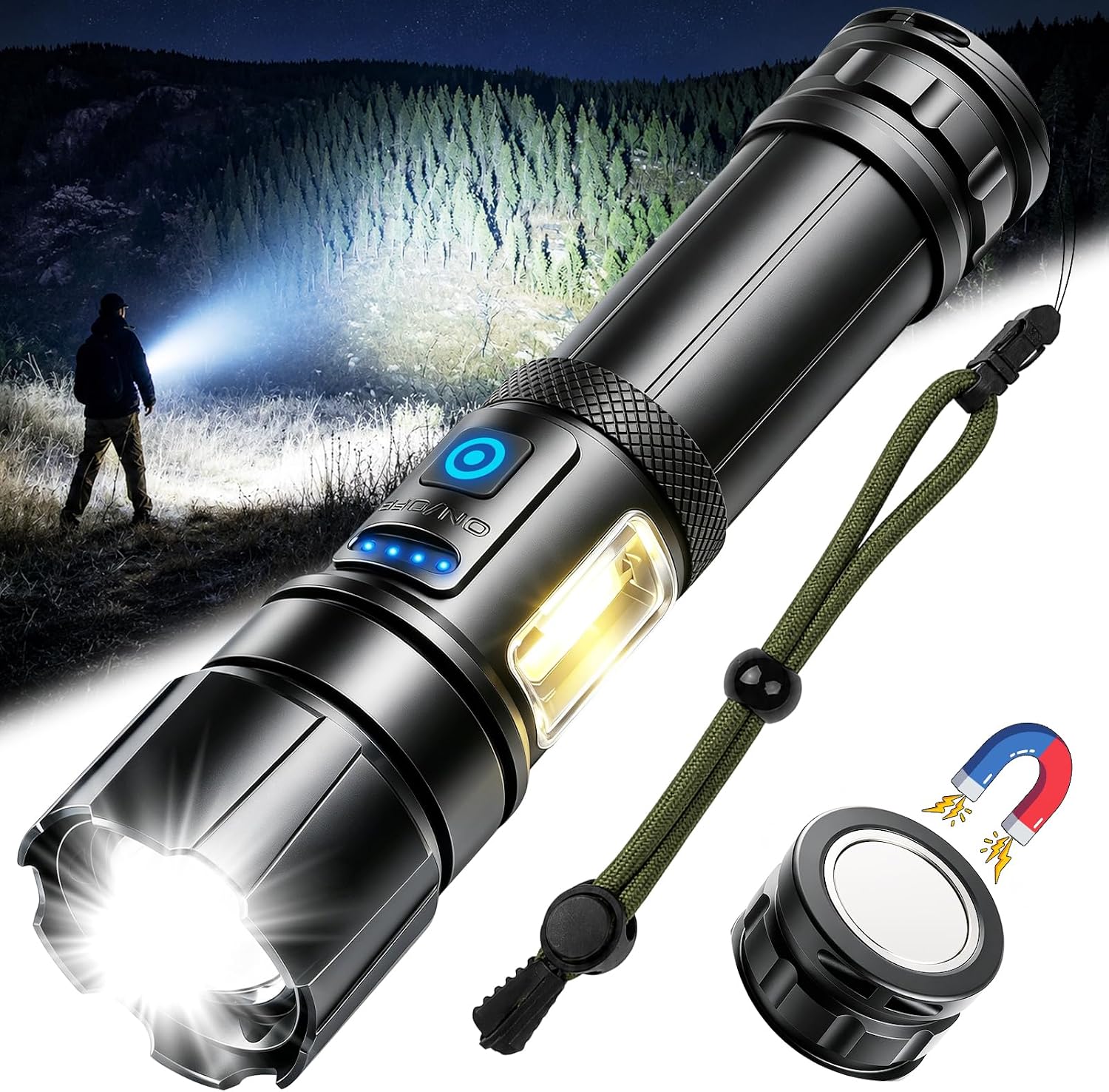 Extrem Leistungsstarke Led-taschenlampe, 500.000 Lumen, Wiederaufladbar, 9 Leuchtmodi, Taktische Taschenlampe Mit Cob-seitenlicht, Ideal Für Camping, Wandern Und Notfälle