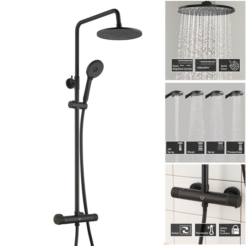 Cecipa Max Duschsystem Thermostat Duschsäule-set,höhenverstellb, Höhe 113 Cm, 2 Strahlart(en), Schwarze Duschsäule