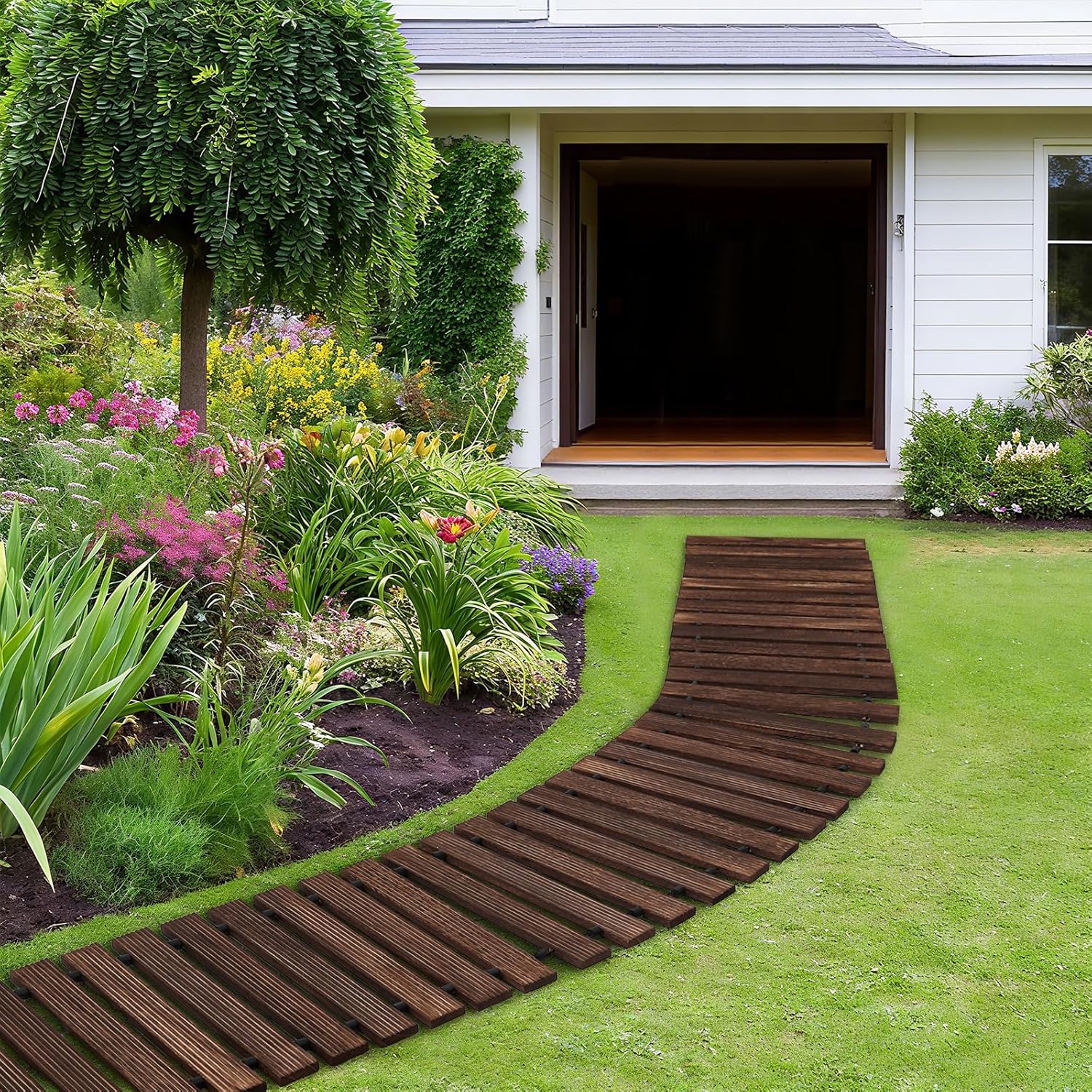 Ausrollbarer Holz Gartenweg, Rollweg Gehweg Aus Holz Mit Anti-rutsch Oberfläche & Silikonseilebindung, Holztritt Für Garten, Terrasse, Strand, Hinterhof & Hochzeit Deko, 244x43x1.5cm