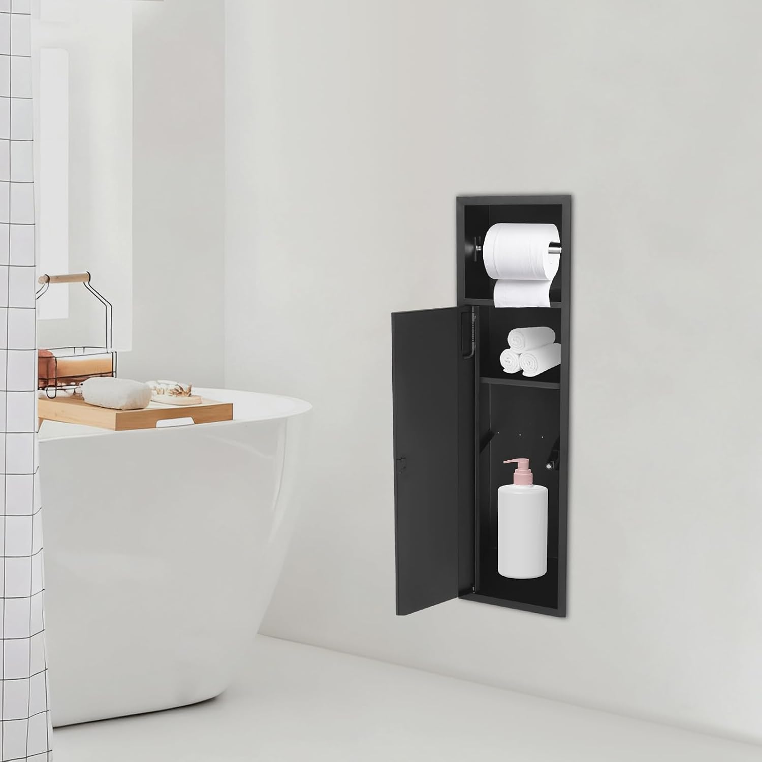 Unterputz-schrankmodul, 63 X 15 X 15 Cm Edelstahl Badezimmerschrank Mit Toilettenpapierhalter Und Schranktür, Eingelassene Duschnische Für Küche Wohnzimmer Hotel, Schwarz