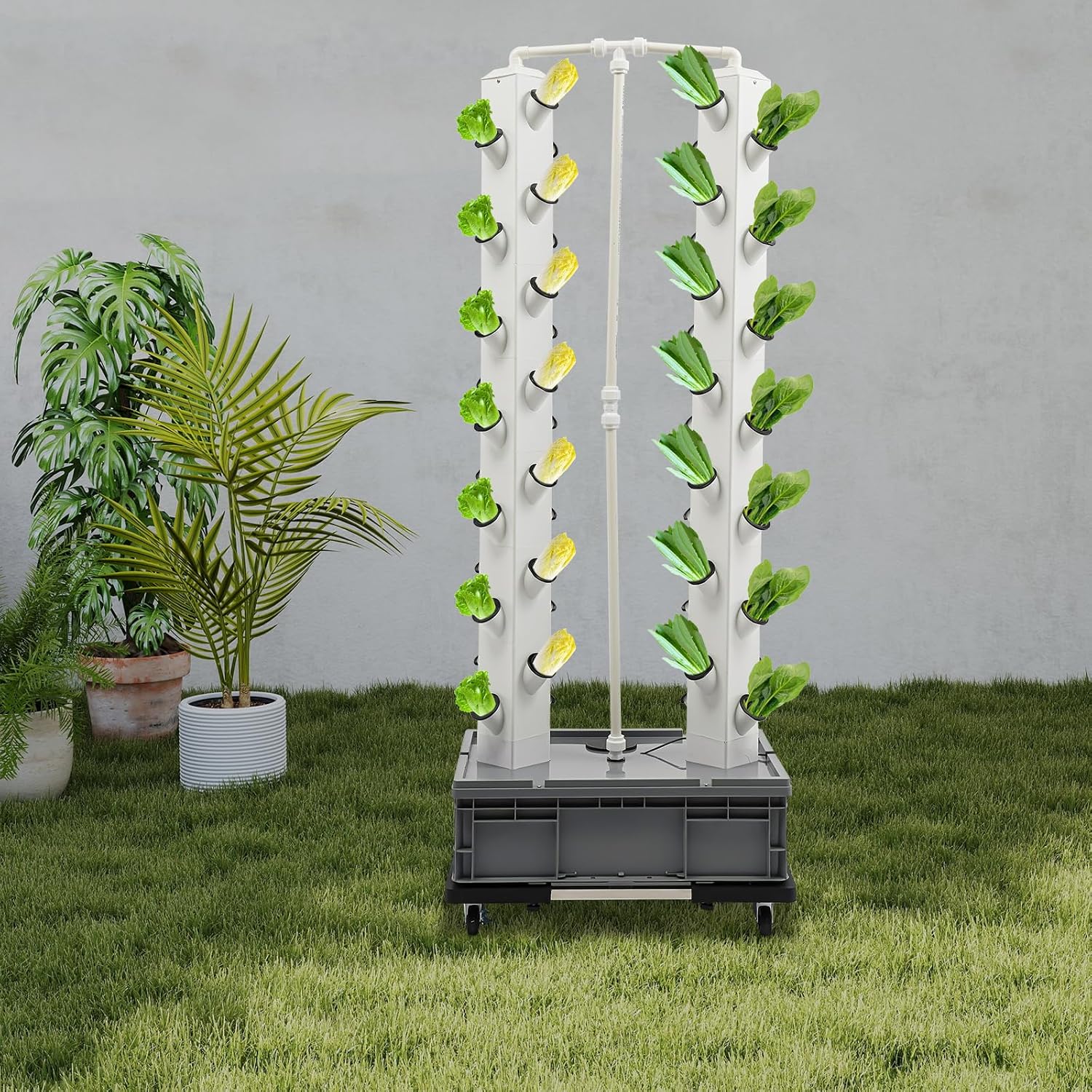 Hydroponic System 56 Löcher Hydroponisches Anzuchtsystem Vertikales Hydroponik Tower Automatische Bewässerung Hydrokultur Set Mit Wassertank Und Räder (grey)