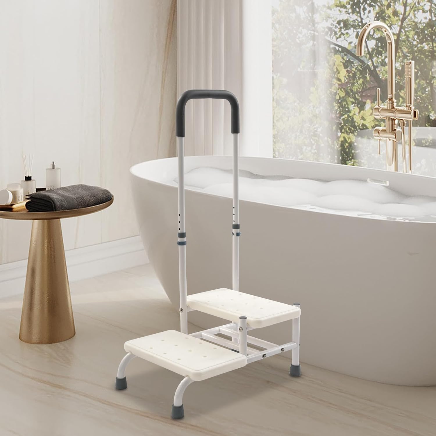 Badewannenstufe Mit Haltegriff 2 Stufen,höhenverstellung 89-100cm,rutschfeste Badewannenstufe Max. 135 Kg Badewanneneinstiegshilfe Ideal Für Badewanne, Bett, Auto Weiß