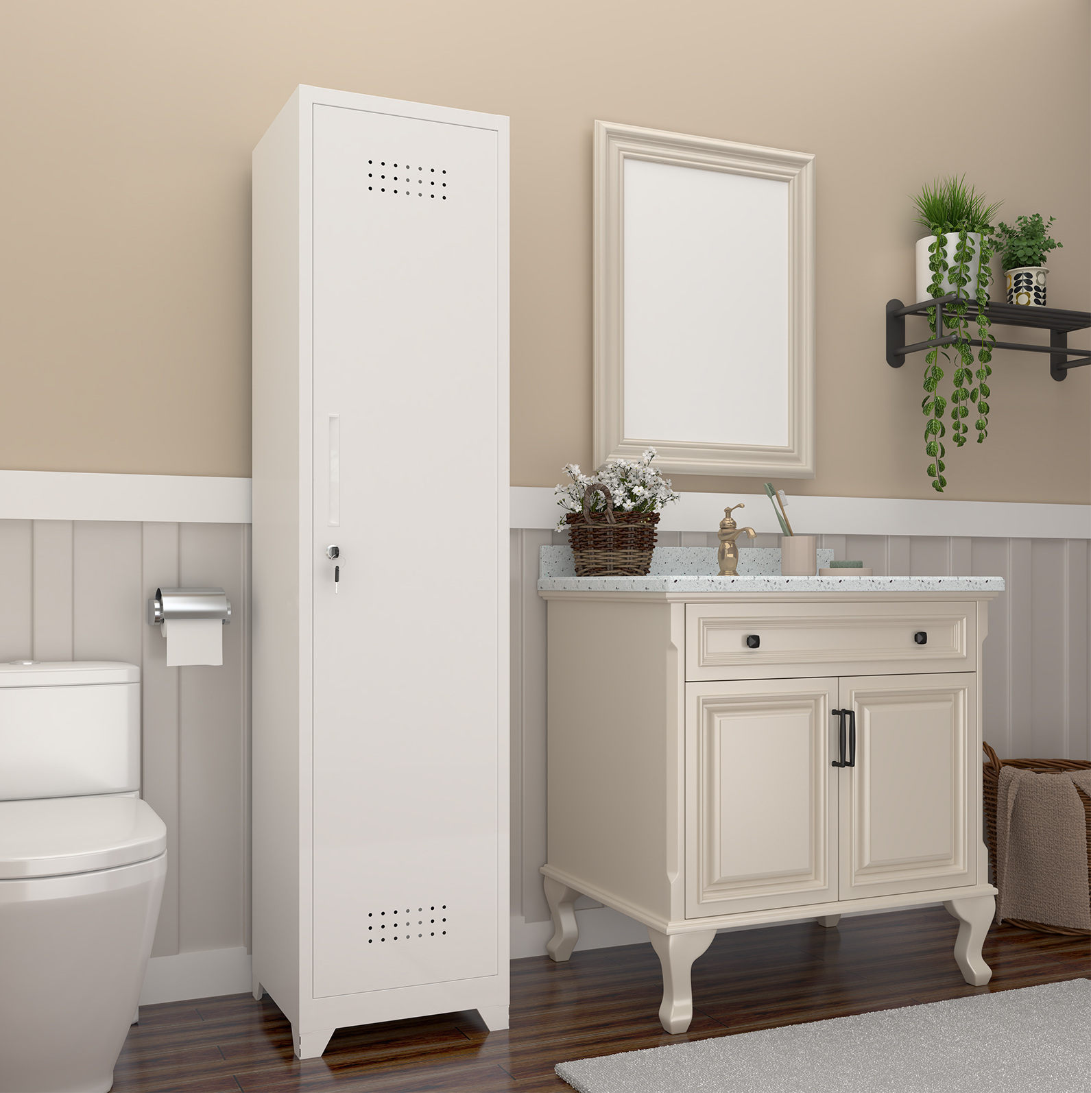 Putzschrank 40x40x165 Cm Weiß Aus Metall Mit Schloss, Lüftung Und Verstellbarer Innenaufteilung