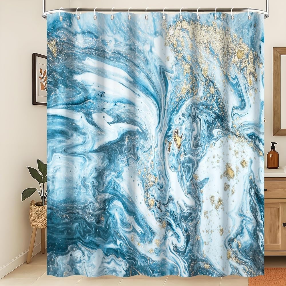 Marmorierter Blauer Duschvorhang, Modernes Und Schlichtes Design, Wasserdicht, Abstrakt-zeitgenössische Ästhetik, Waschbar, Polyestergewebe, Badezimmerdekoration, 120 X 180 Cm
