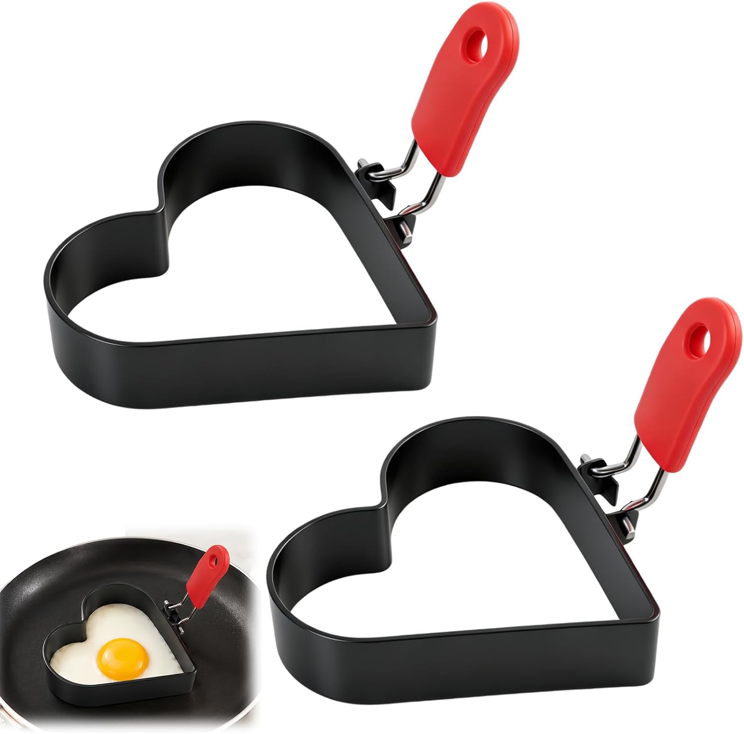 2 Eierformen Aus Edelstahl, Antihaftbeschichtet, Herzförmig, Mit Griffen, Hitzebeständig, Für Frühstück, Pfannkuchen, Burger, Küchenzubehör