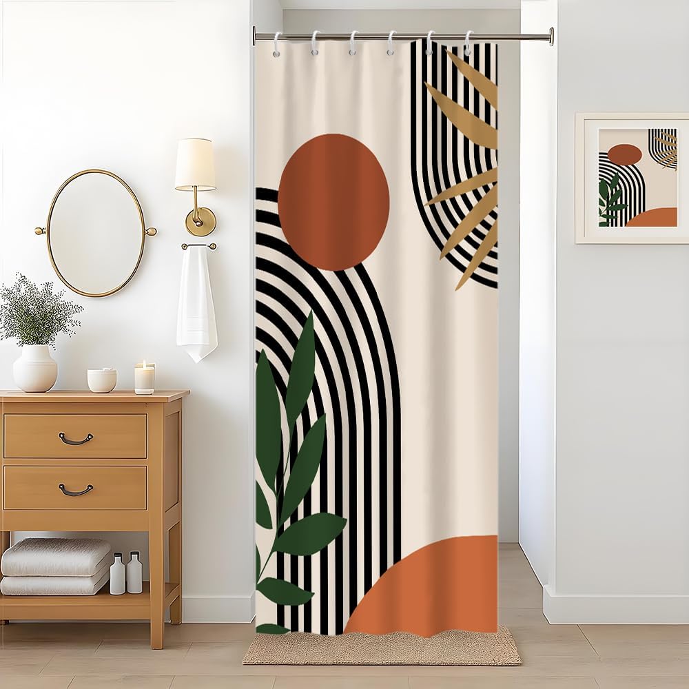 Anti-schimmel-duschvorhang, Terrakottafarben, 90 X 180 Cm, Schmal, Aus Waschbarem Stoff — Kleiner Wasserdichter Badezimmervorhang Mit Abstraktem Orangefarbenem Muster Im Bohème-stil.