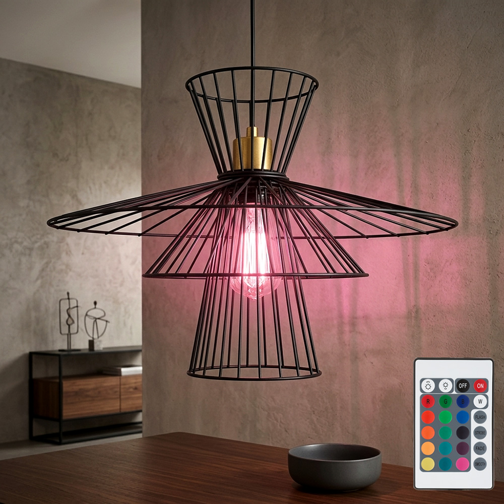 Hängelampe Dimmbar Mit Fernbedienung Esszimmerleuchte Retro Deckenleuchte Hängend Käfig, Rgb Farbwechsel, 8,5w 806lm Warmweiß, Dxh 45x150 Cm