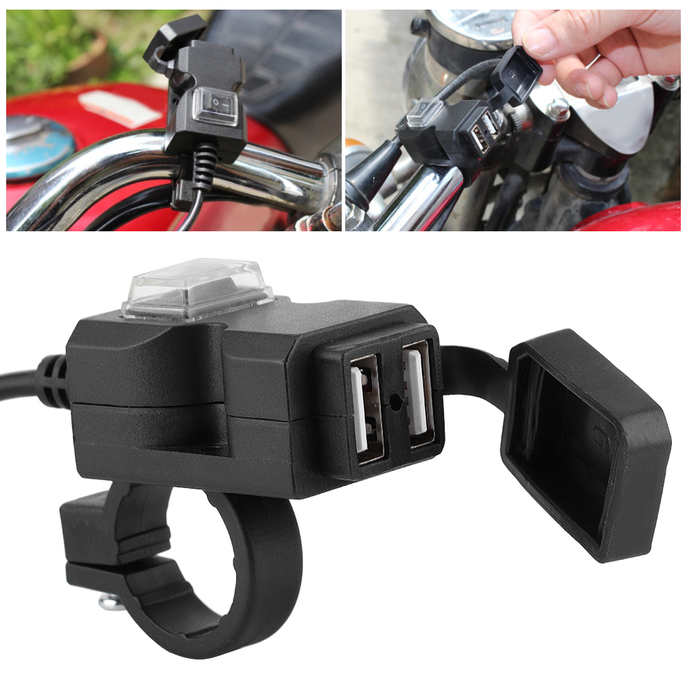 Wasserdichtes Motorrad-lenkerladegerät Mit Zwei Usb-anschlüssen (12 V), 5 V 1 A / 2,1 A Adapter, Handy-steckdose (12–24 V)