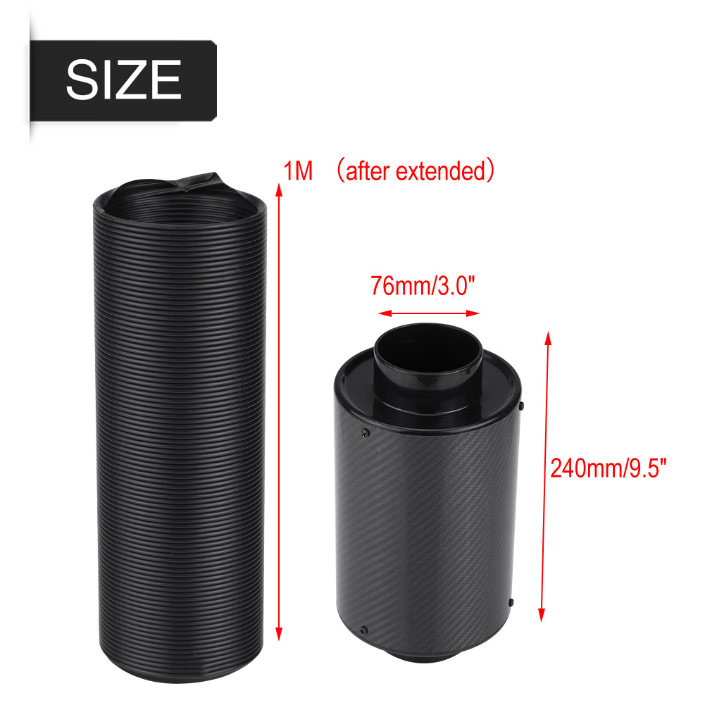 Universeller Kohlefaser-luftfilter 76 Mm 3" Mit Ansauggehäuse Und Schlauch, Kaltluftansaugsystem Für Autos, Verbesserte Leistung.