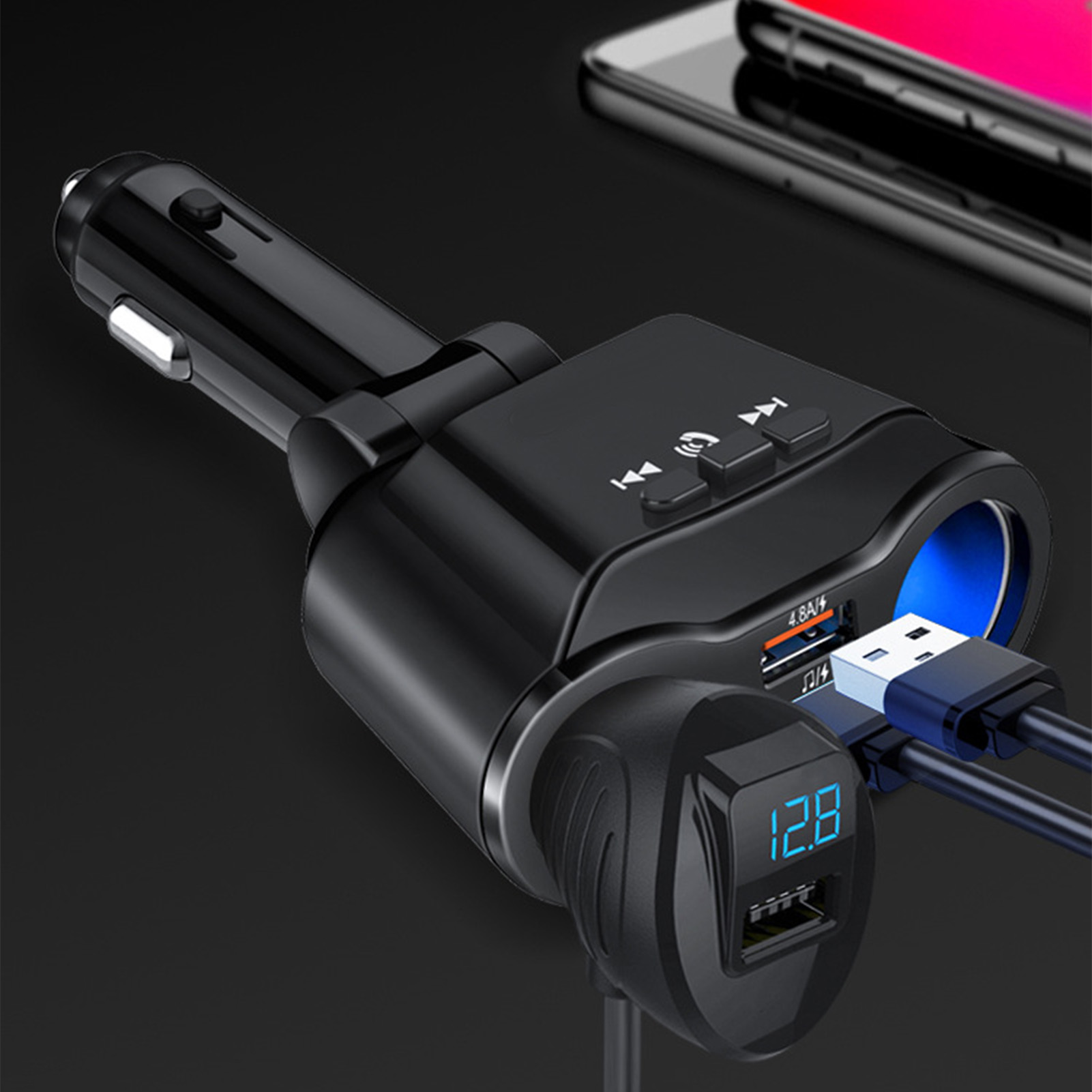 Doppelsteckdosen-autoladegerät Mit Zigarettenanzünder, Bluetooth Und Usb, Doppelsteckdosenleistenadapter