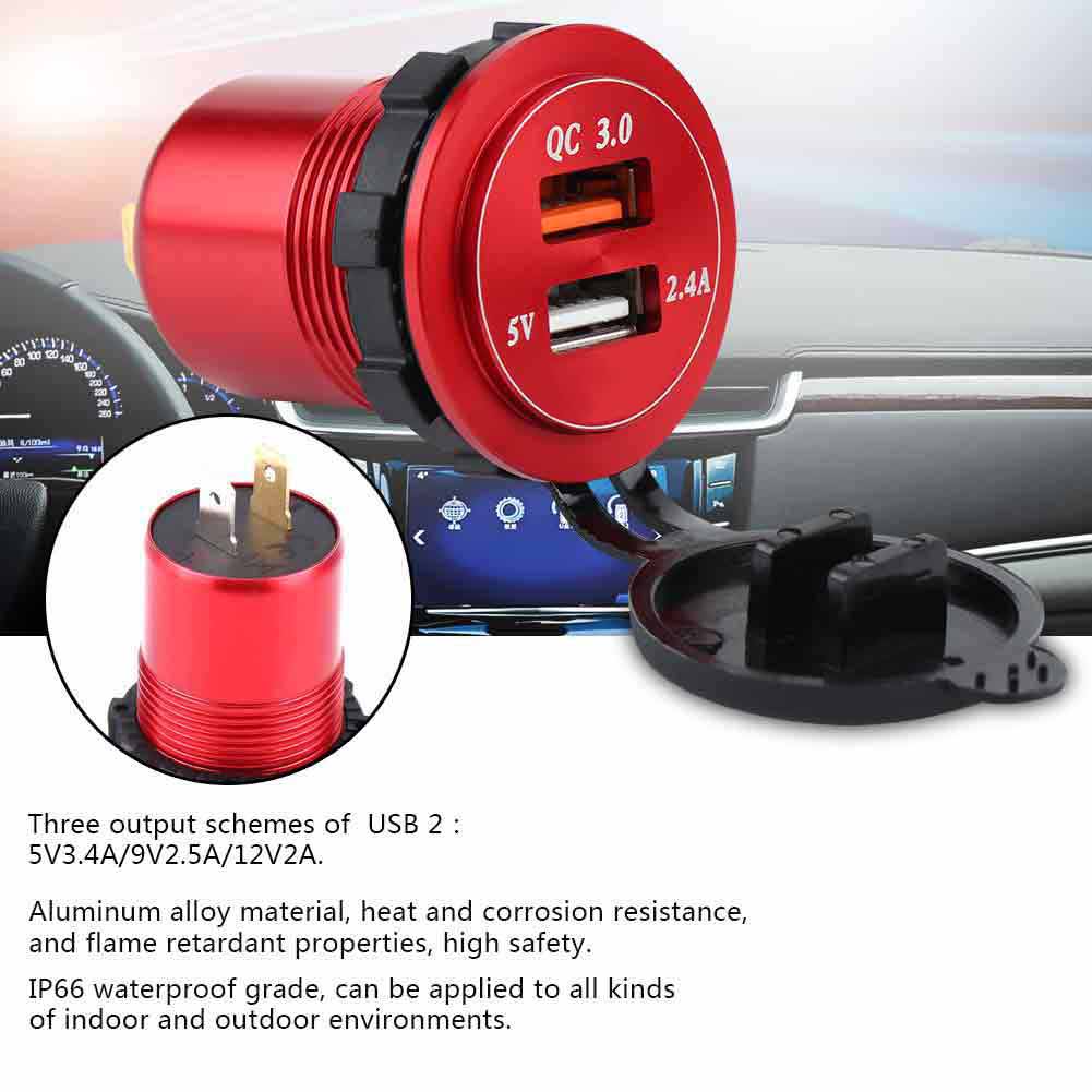 12v Dual-port Usb 3.0 Qc 3.0 Schnellladegerät Für Autos Mit Voltmeter, Rotem Gehäuse, Wasserdicht Für Boot, Lkw Und Motorrad