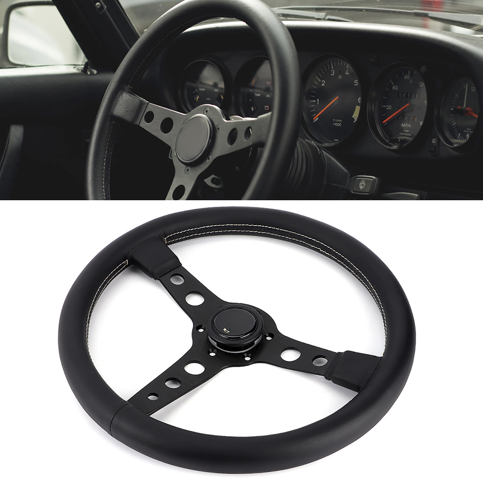 350 Mm/14 Zoll Momo Prototipo Style 6-loch-rennlenkrad Aus Schwarzem Leder Mit Grauen Ziernähten Und Hupenknopf