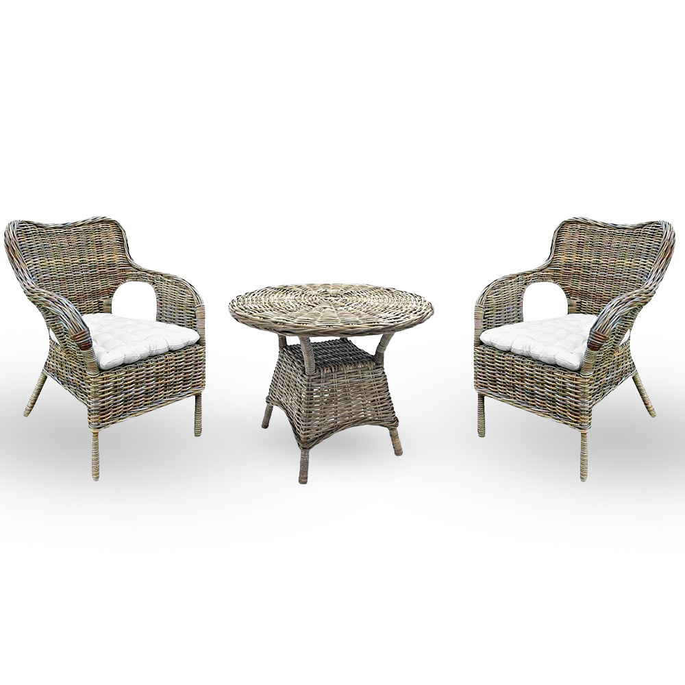 Set Mit 2 Sesseln Und 1 Tisch Kariba Aus Grauem Rattan Mit Kostenlosen Kissen