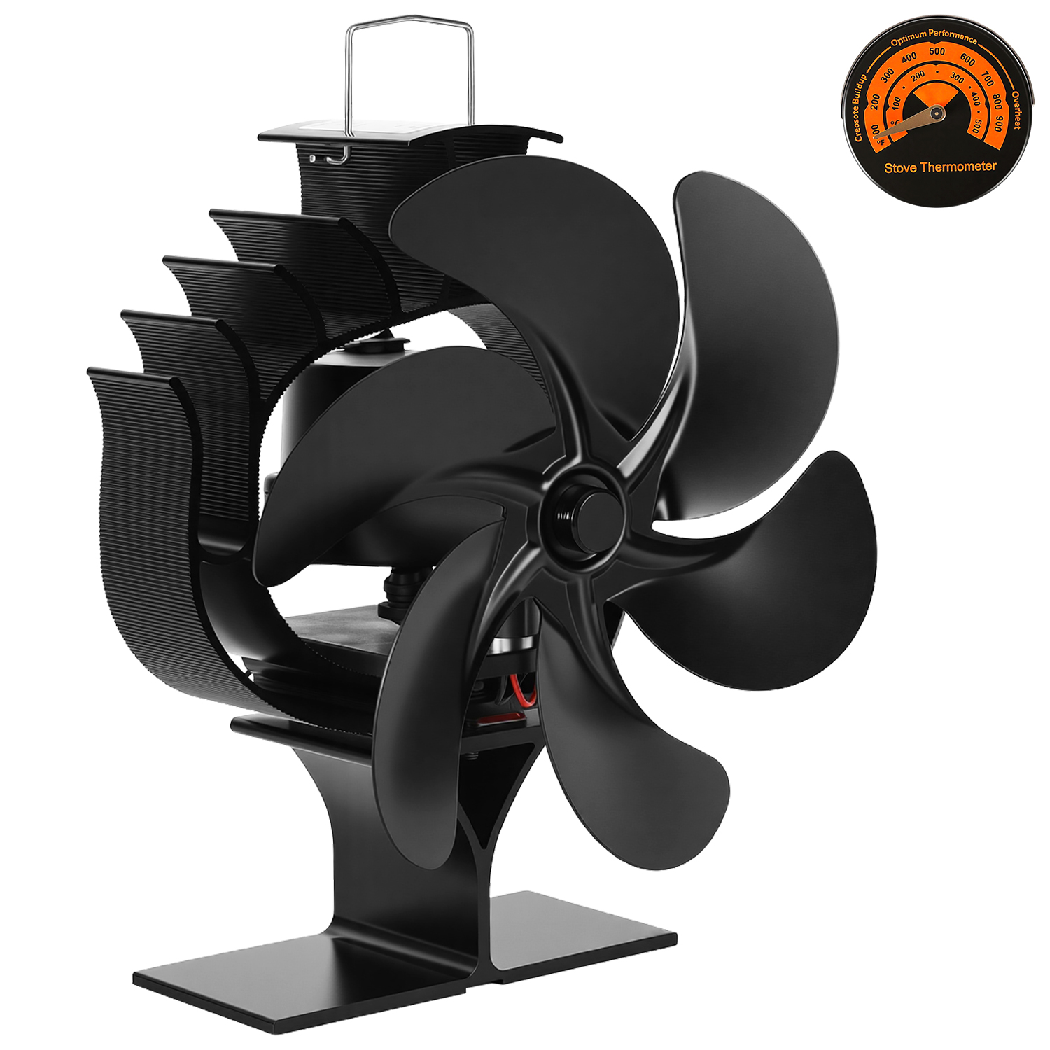 Randaco Kaminofen Ventilator 120° Schwenkbar Mit 6 Flügeln, Wärmebetrieben, Schwarz