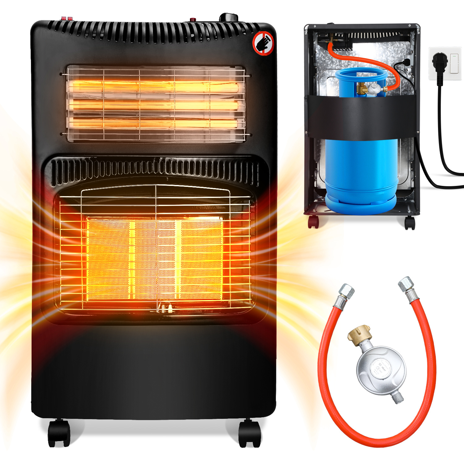 Randaco 2-in-1 Gas- & Elektroheizung 4200w/1200w, Keramik & Quarz, 3 Gasstufen, Ods, 4 Rollen