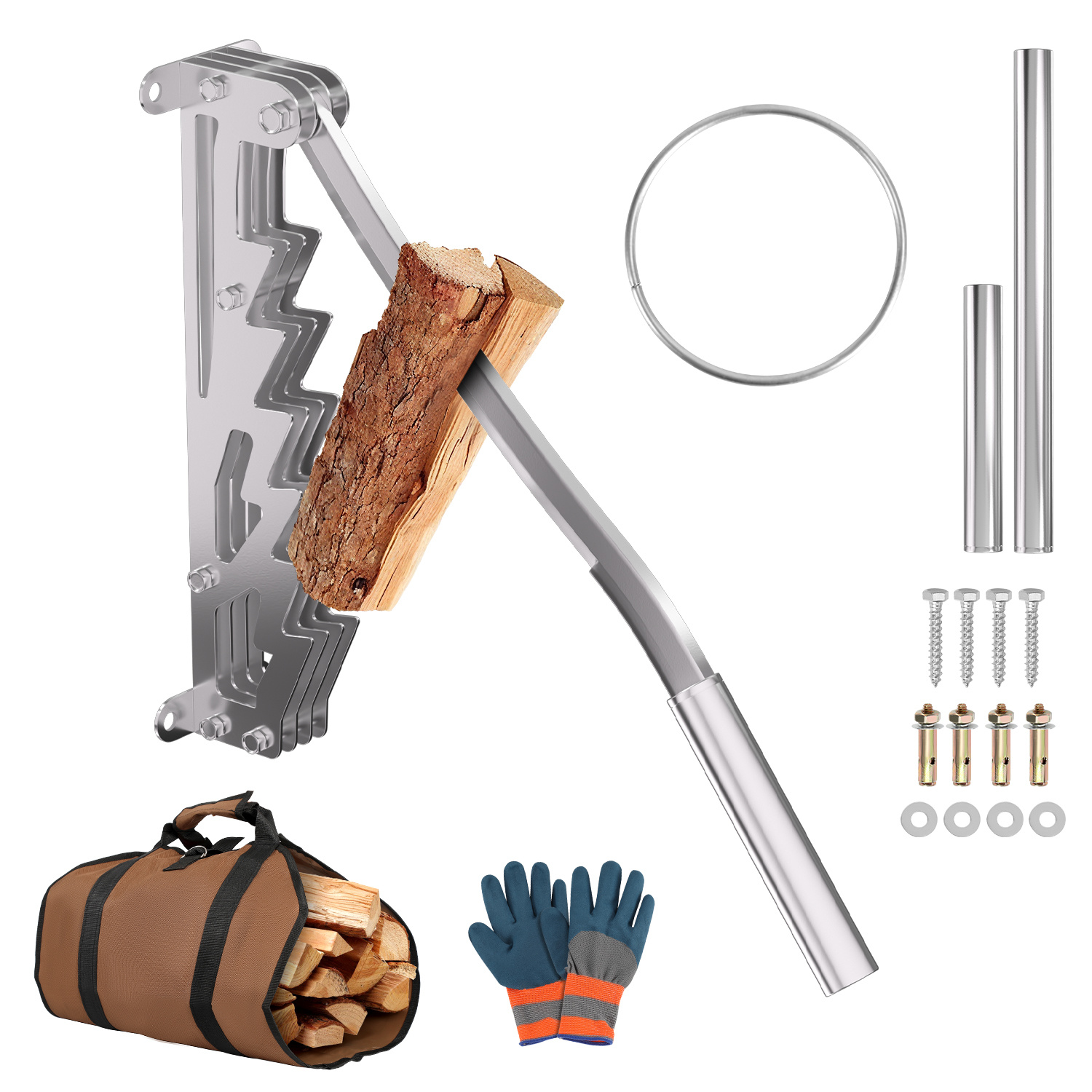 Randaco Manueller Holzspalter Für Kaminholz Mit Abnehmbarem Verlängerungsgriff Und Zubehör, Wandmontage, Silber