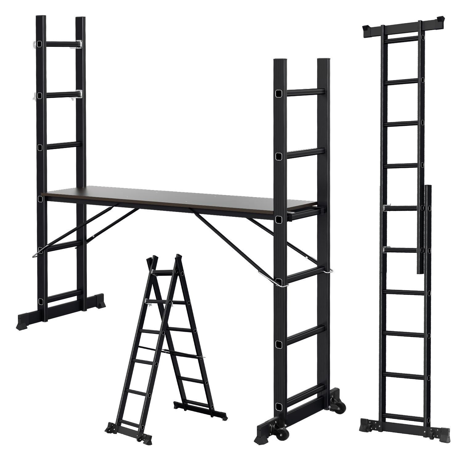 Randaco Arbeitsgerüst 4-in-1 Aluminium Mehrzweckleiter 2x6 Stufen Mit Plattform,150 Kg,276 Cm,schwarz