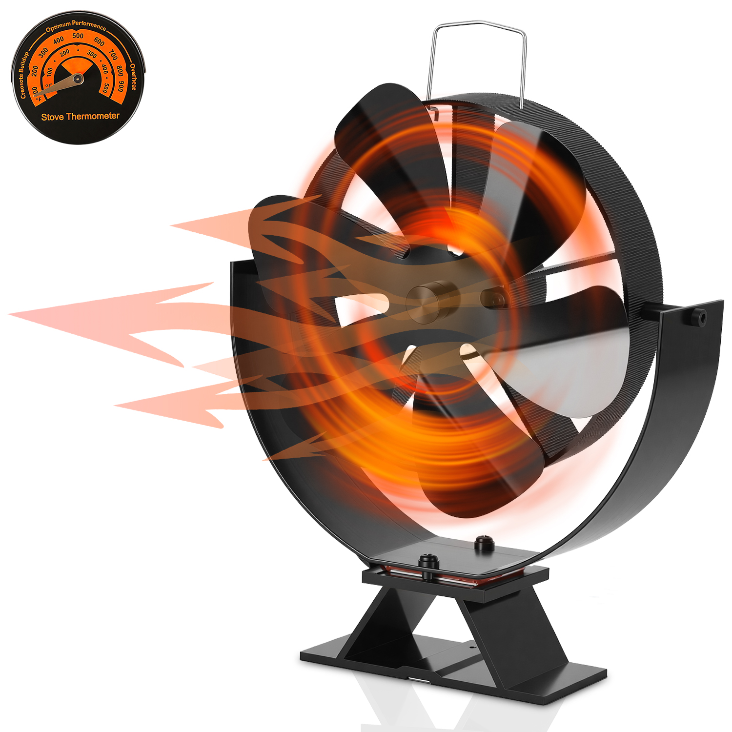 Randaco Kaminventilator 6 Flügel, Kaminofen Ventilator Winkelverstellbarer Ofenventilator Ohne Strom, Mit Ofenthermometer Für Holzofen Und Kaminofen