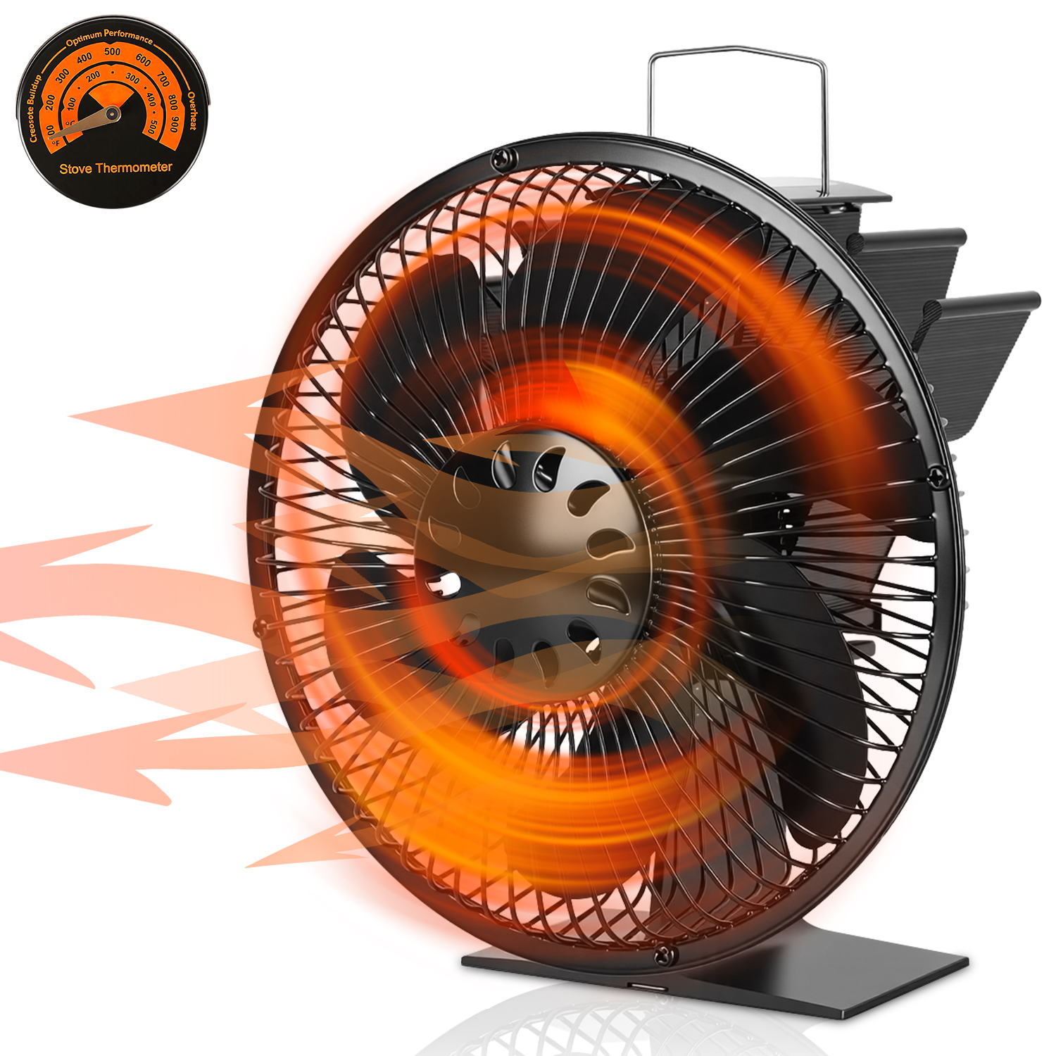 Randaco Kaminventilator 6 Flügel Mit Schutzgitter, Kaminofen Ventilator Wärmebetriebener Ofenventilator Ohne Strom, Leise, Mit Ofenthermometer Für Holzofen