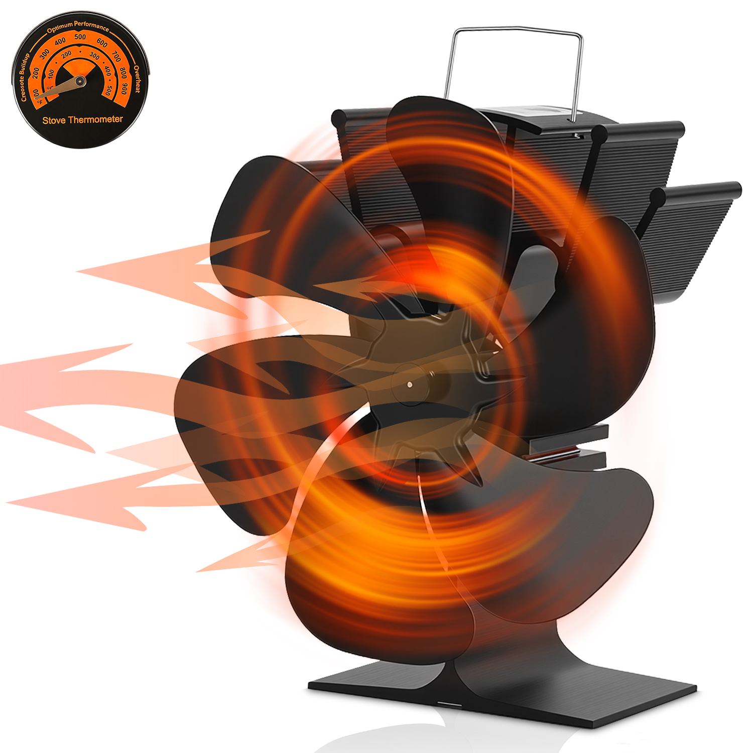 Randaco Kaminventilator 6 Flügel, Kaminofen Ventilator Wärmebetriebener Ofenventilator Ohne Strom, Mit Ofenthermometer Für Holzofen Und Kaminofen