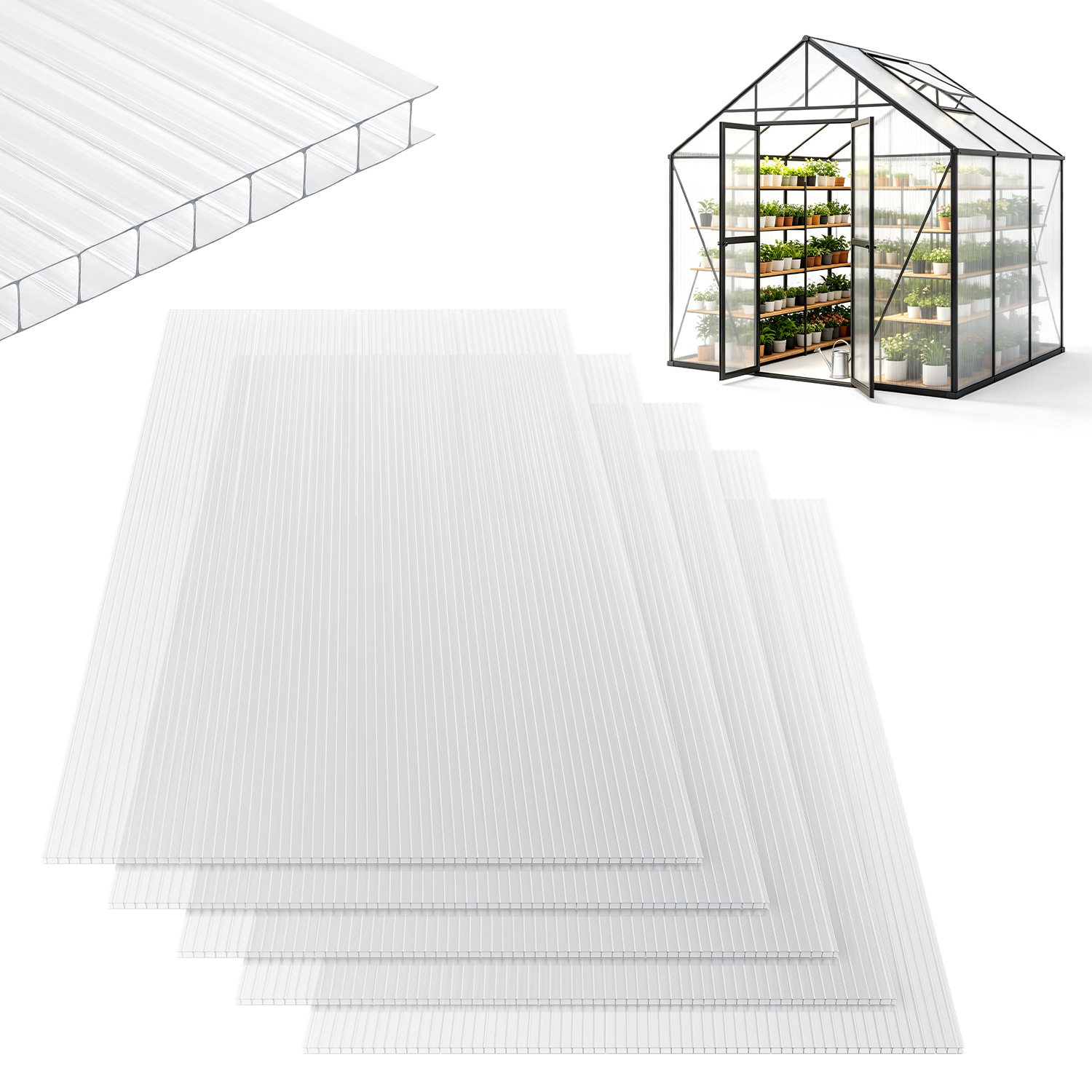 Randaco 5x Polycarbonat Hohlkammerplatten 8mm Transparent Hohlkammerstegplatten Uv-beständigen Für Gewächshaus Carports