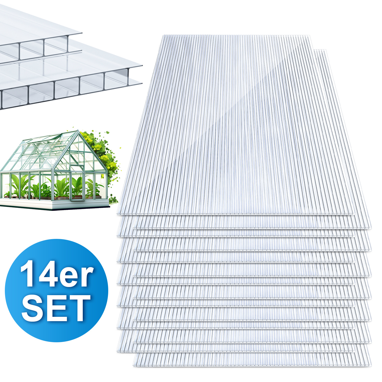 Randaco 14x Polycarbonat Hohlkammerplatten 4mm Transparent Hohlkammerstegplatten Uv-beständigen Für Gewächshaus Carports