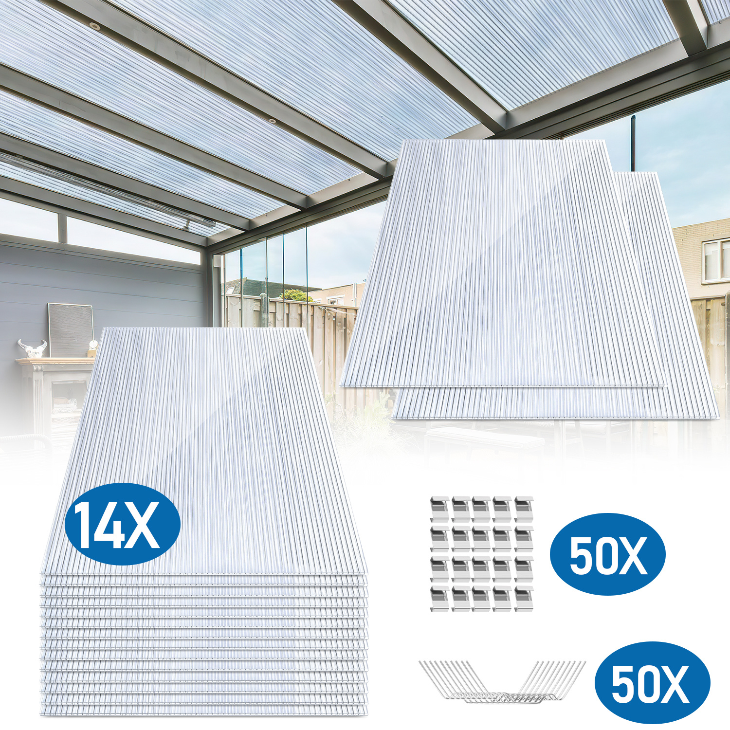 Randaco 14x Polycarbonat Hohlkammerplatten 4mm Mit 100 Edelstahl Gewächshausklammern Transparent Hohlkammerstegplatten Uv-beständigen Für Gewächshaus Carports