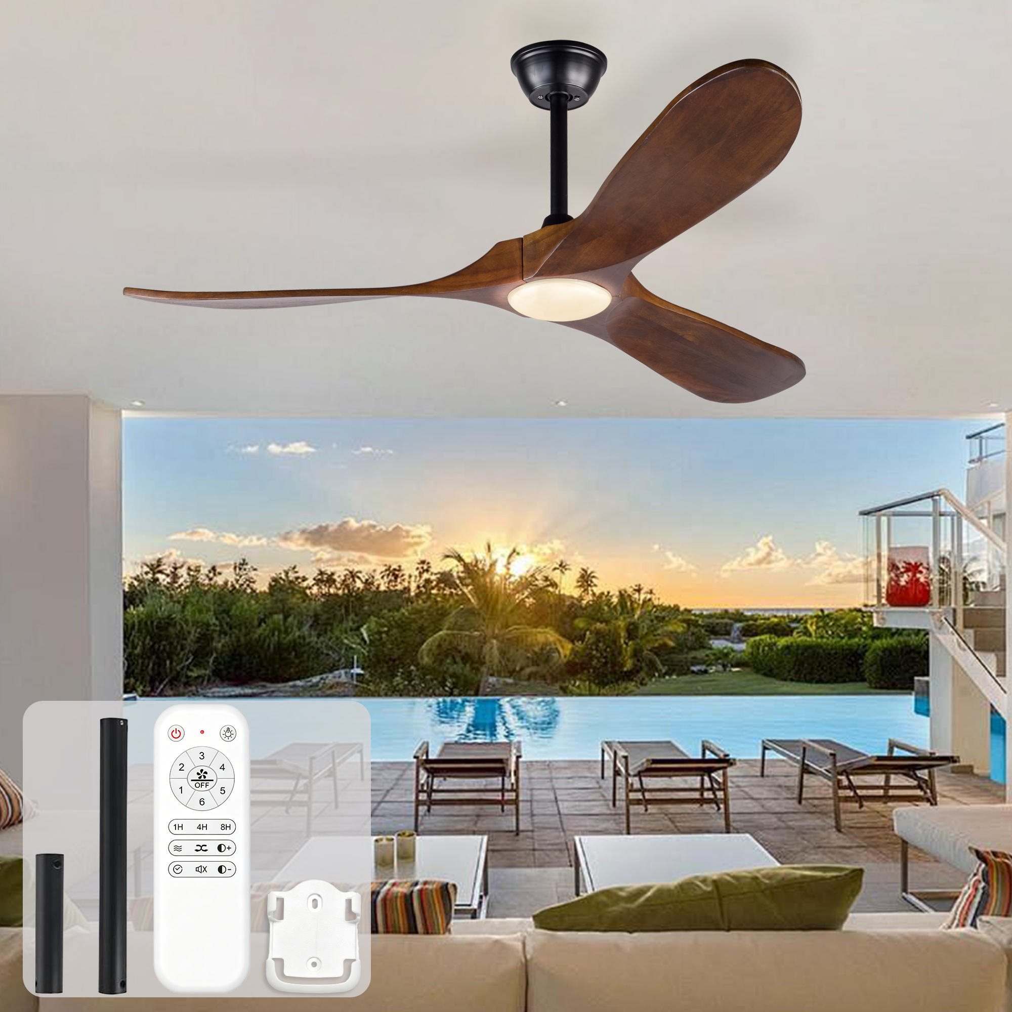 Deckenventilator 52 Zoll Mit Led-licht, Massivholzflügeln, Leisem Dc-motor, Fernbedienung Und Dimmbarer 3cct-beleuchtung