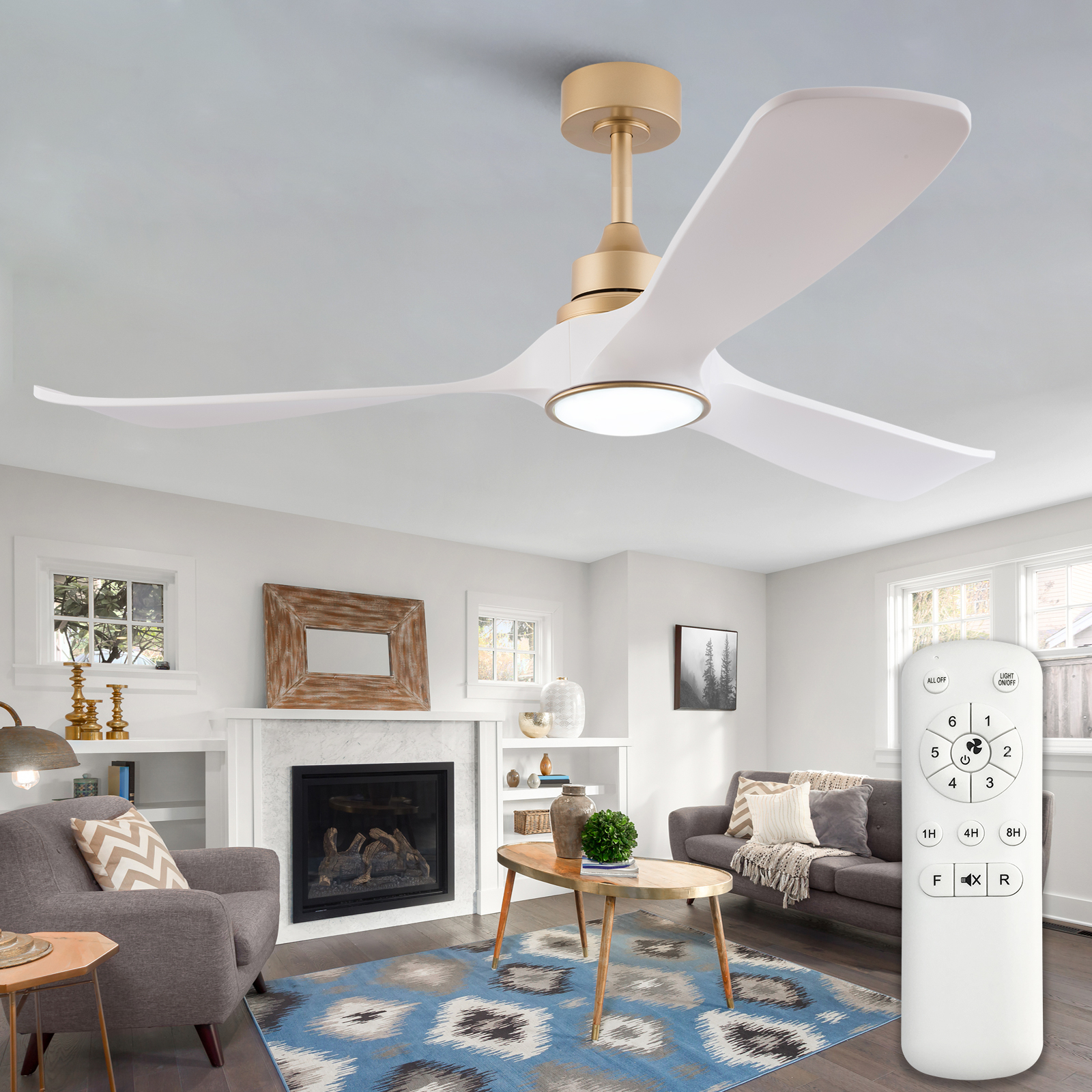 Deckenventilator 52 Zoll Weiß/gold Mit Licht Und Fernbedienung, 3 Abs-flügel, Leiser Dc-motor Für Schlafzimmer Und Wohnzimmer