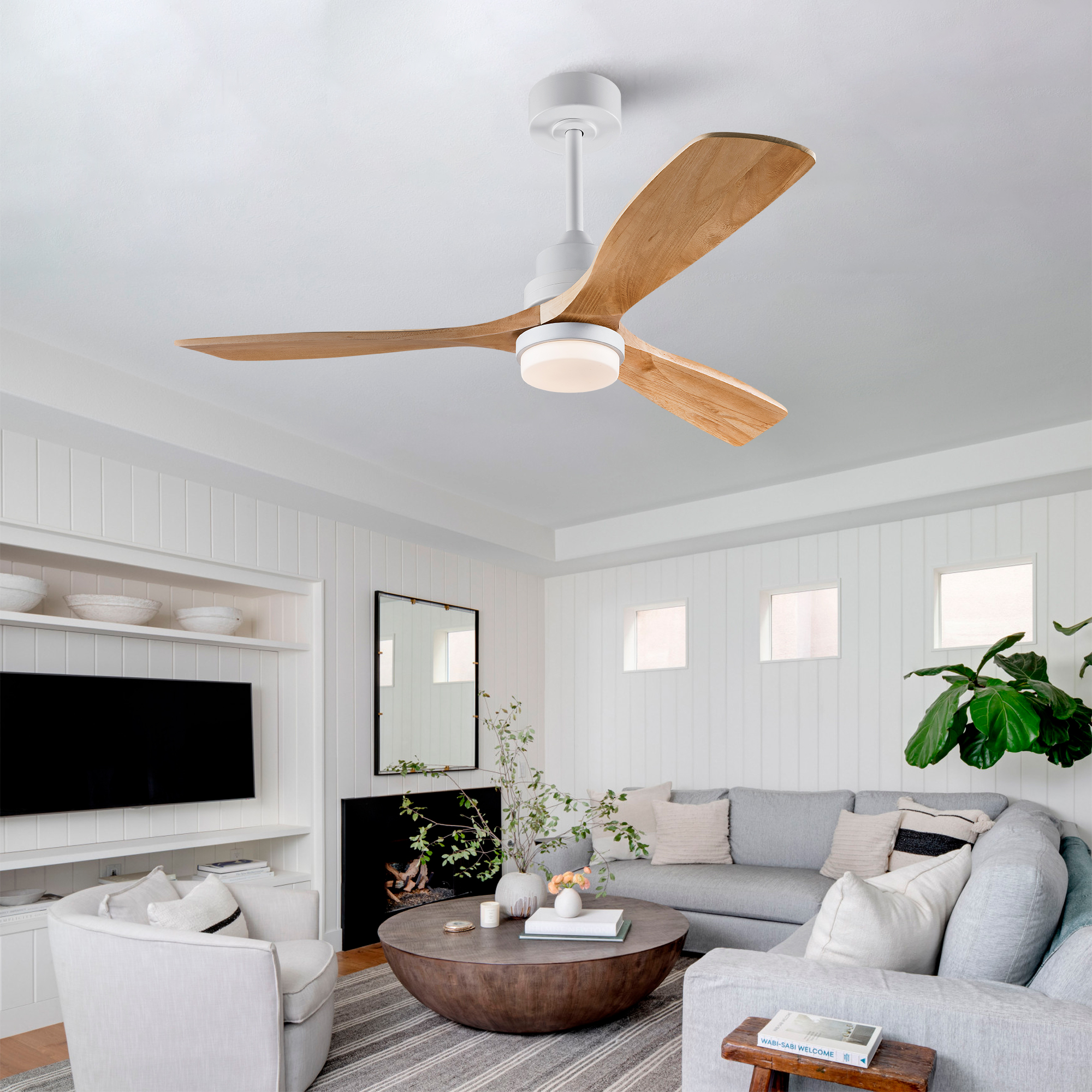 Deckenventilator 52 Zoll Naturholz Mit Licht, Massivholzflügeln, Leisem Dc-motor, Fernbedienung Und Dimmbarer Beleuchtung