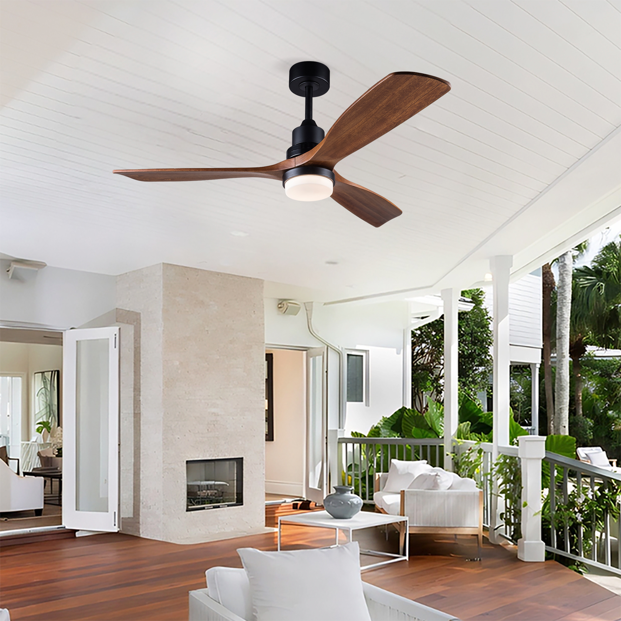 Deckenventilator 52 Zoll Nussbaum Mit Licht, Massivholzflügeln, Leisem Dc-motor Und Fernbedienung