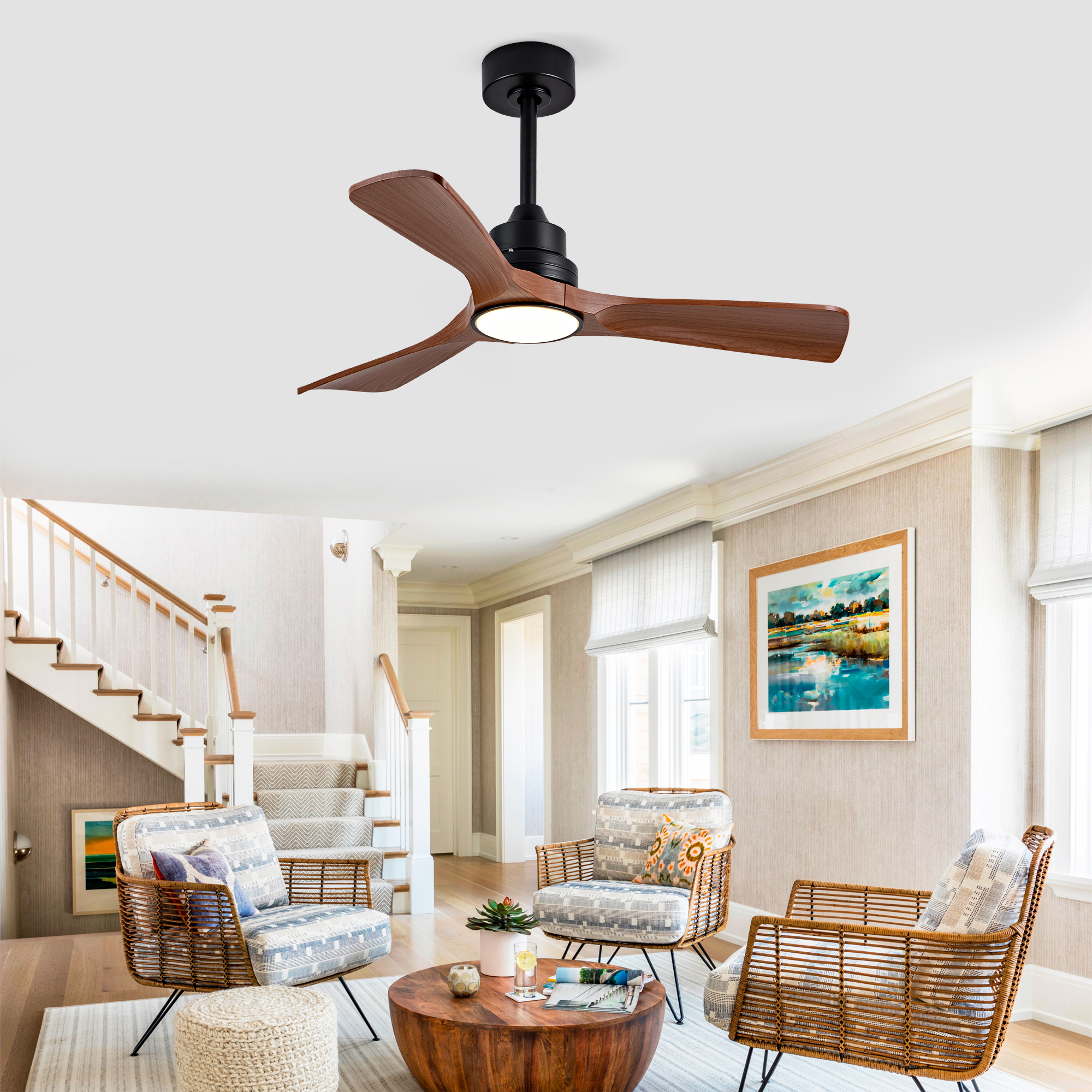 Deckenventilator 42 Zoll Nussbaum Mit Licht Und Fernbedienung, Leiser Dc-motor, Dimmbar, Für Schlafzimmer Und Büro