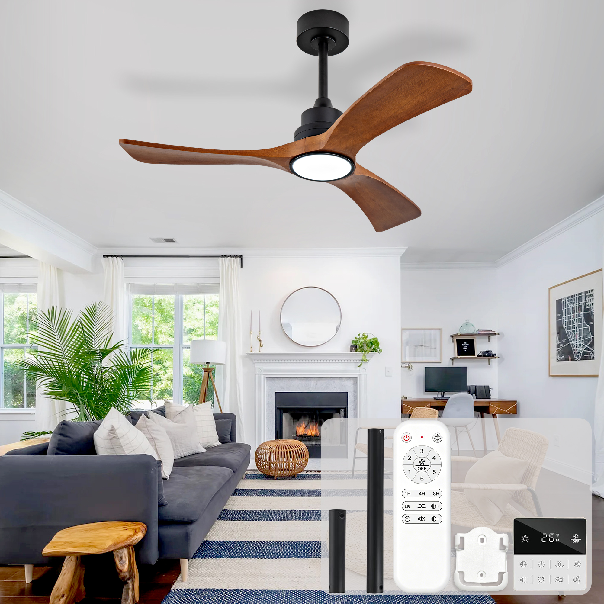 Deckenventilator 42 Zoll Mit Licht, 3 Massivholzflügeln, Leisem Dc-motor, Fernbedienung, Wandschalter Und 3cct Dimmbar