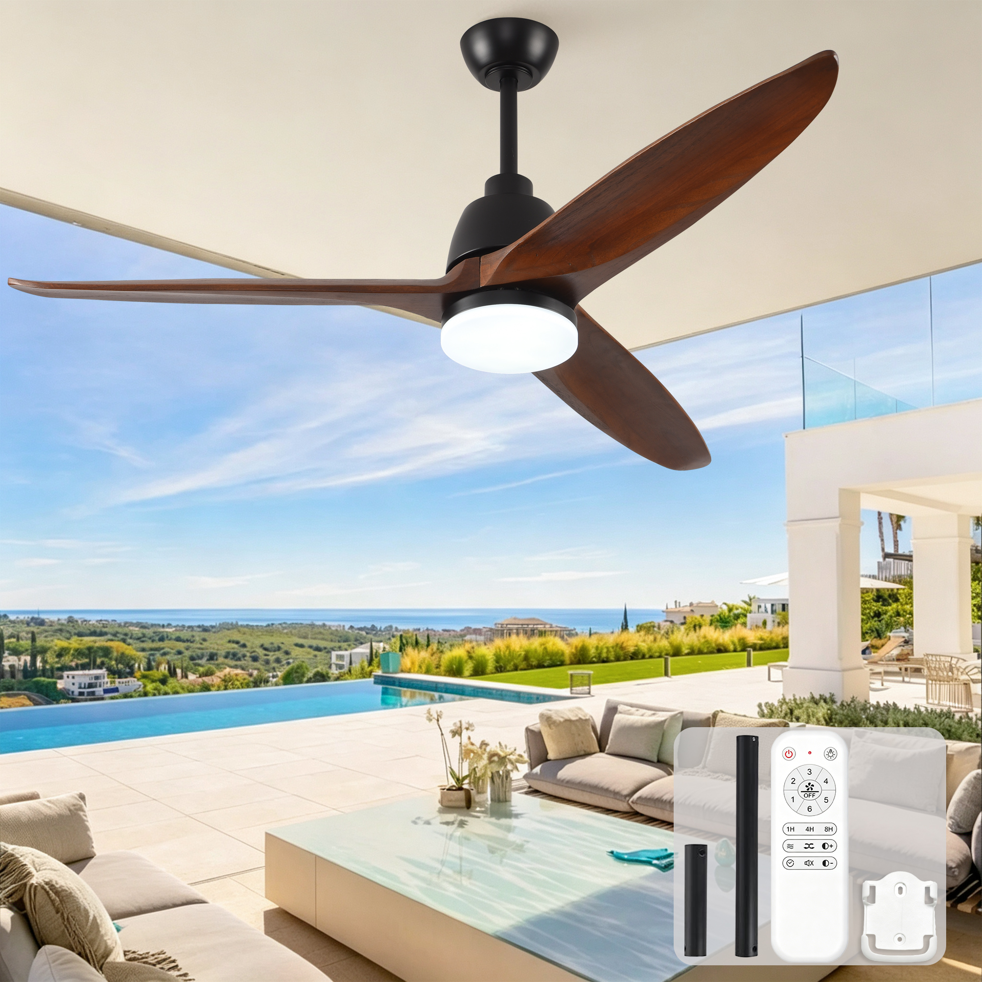 Deckenventilator 56 Zoll Mit Led-licht Und Fernbedienung, Massivholzflügel, Leiser Dc-motor, Dimmbar, Sommer-/winterbetrieb